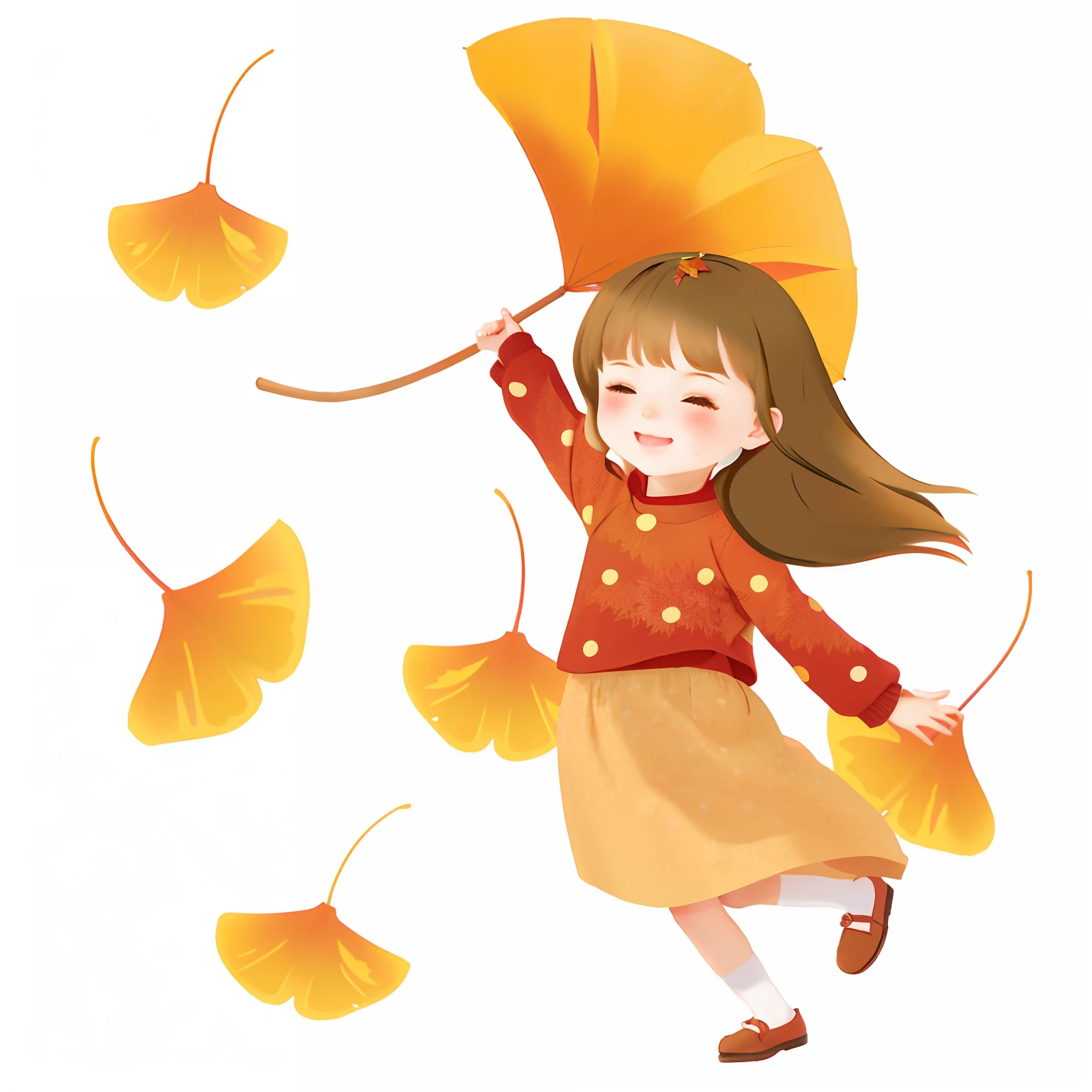 Close-up of a girl holding an umbrella,Leaves fly around, wind blowing leaves, wind blowing leaves, Autumn leaves fall, Autumn wind, Happy girl, , Girl, she is dancing. Realistic, magical leafs falling, the anime girl is running, 🍂 Cute, author:Shinki Shiro, fall season, falling flower petals