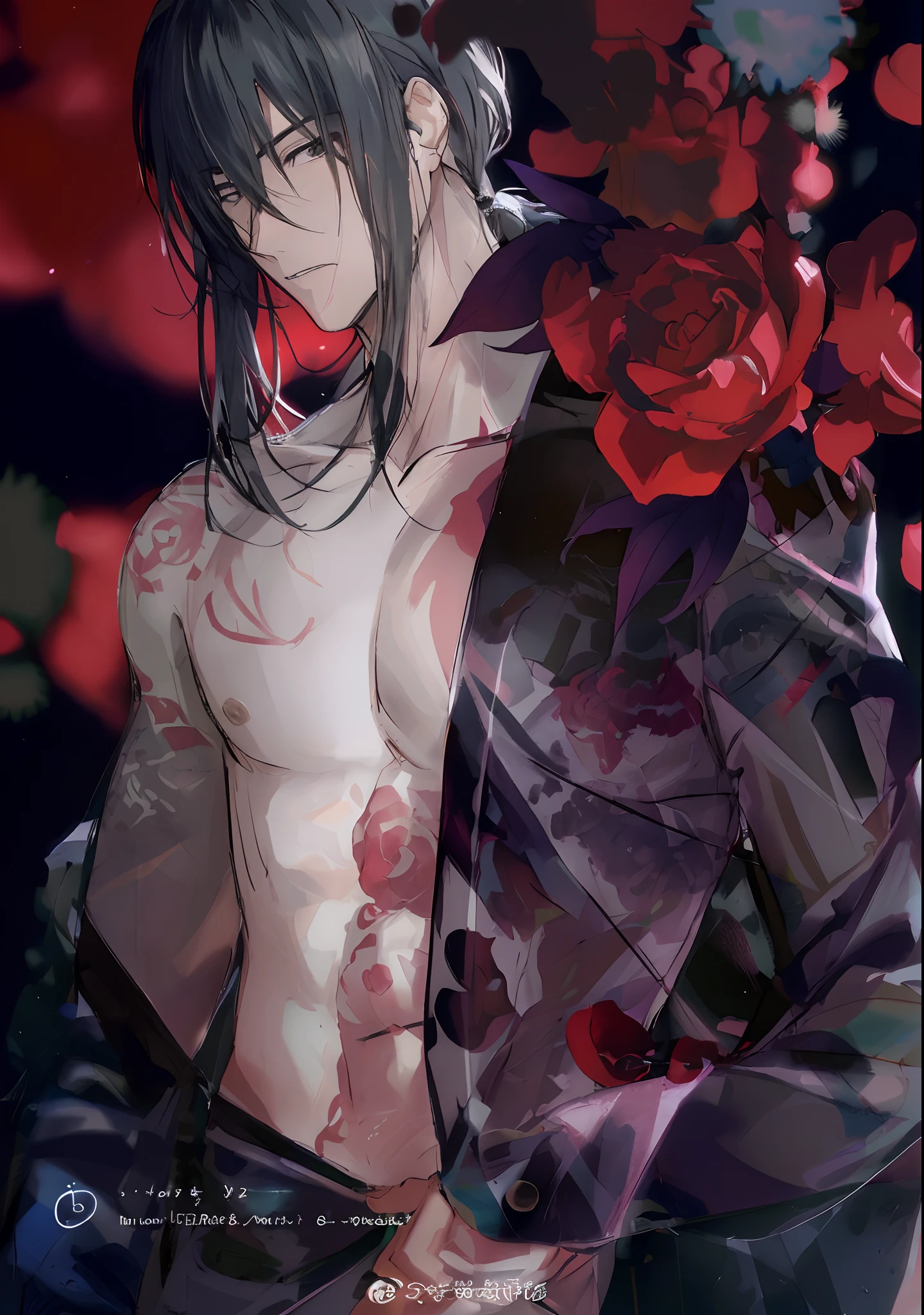 Hombre anime con buenos pectorales con un tatuaje de rosa en el pecho, cabello larga y rosas en el fondo