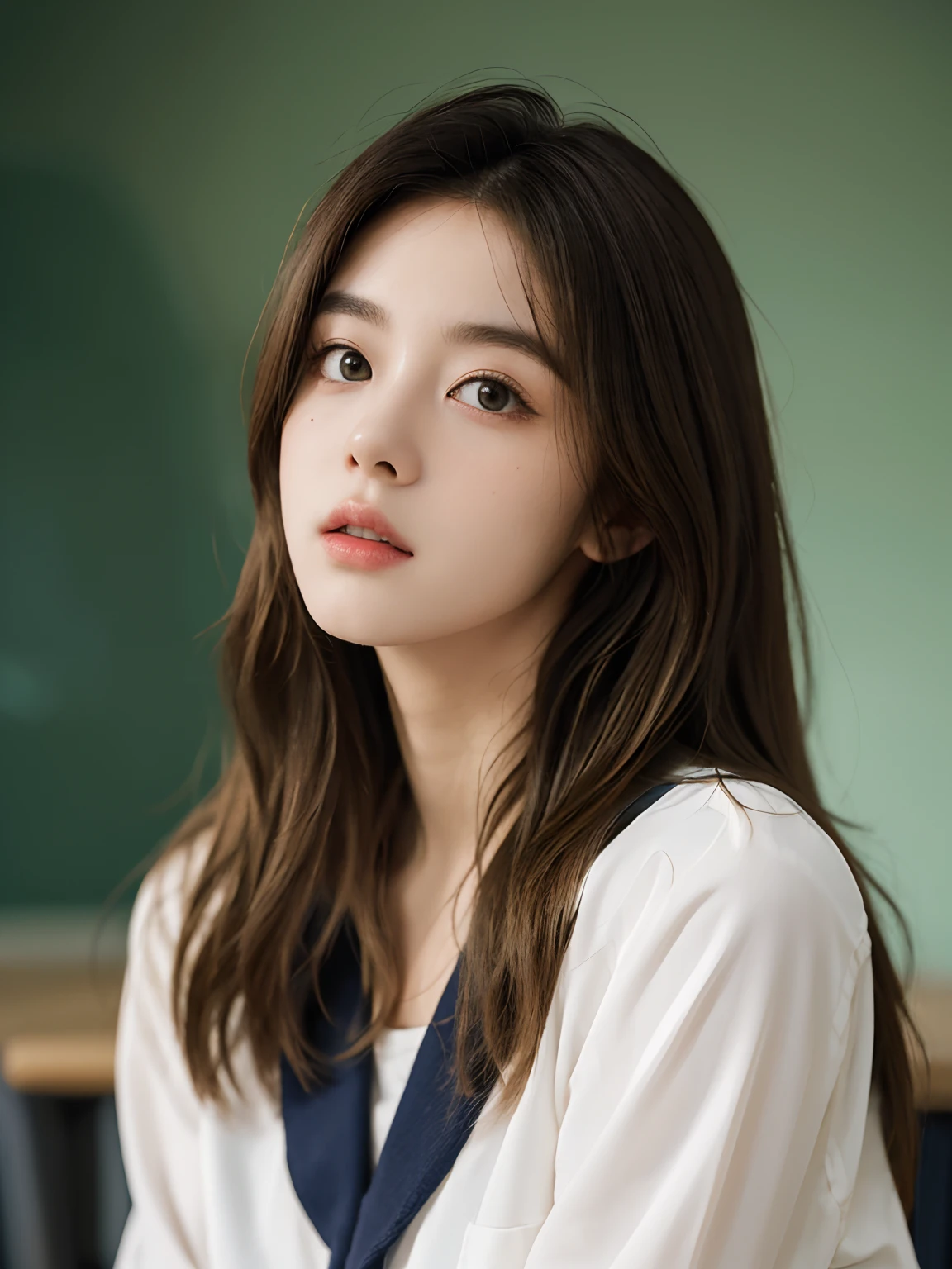 full bodyesbian，Flaxen hair，Slightly upturned lips，Wear a simple and figure-highlighting school uniform，Immaculably beautiful，Blurred classroom background，Elegant and beautiful，（high quality and realistic image）， （（best qualtiy，8K，tmasterpiece）