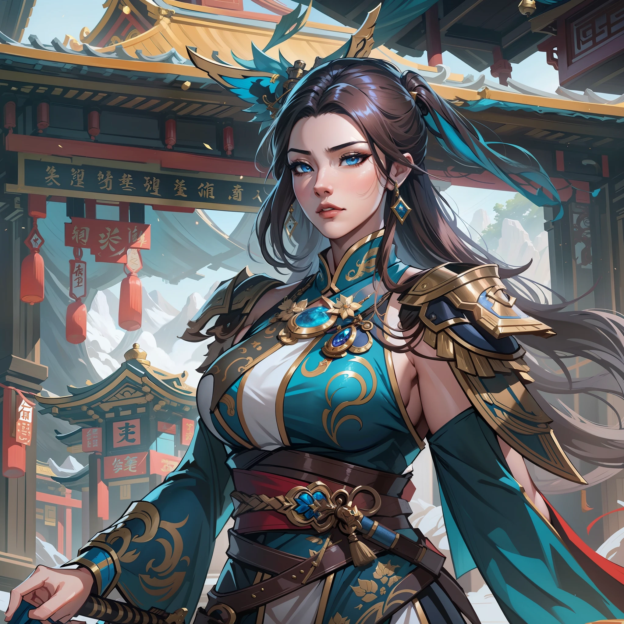 a close up of a strong amazon woman in her 30's, with hazel eyes and brown hair, wearing a blue and black mage's robes, a heroine with hazel eyes, female holding tonfa, mage with water magic, standing in a chinese temple, new costume concept design, in the style of blade and soul, full body character concept, detailed character design, inspired by Yang Jin, inspired by Li Mei-Shu, chinese costume, inspired by Lan Ying, inspired by Sim Sa-Jeong, inspired by Li Tang, lunar themed attire, costume with blue accents, inspired by Ju Lian, colored concept art, highly detailed character design, highly detailed face, inspired by Ai Xuan, very highly detailed face, unreal engine render, final fantasy 14 style, inspired by Leng Mei