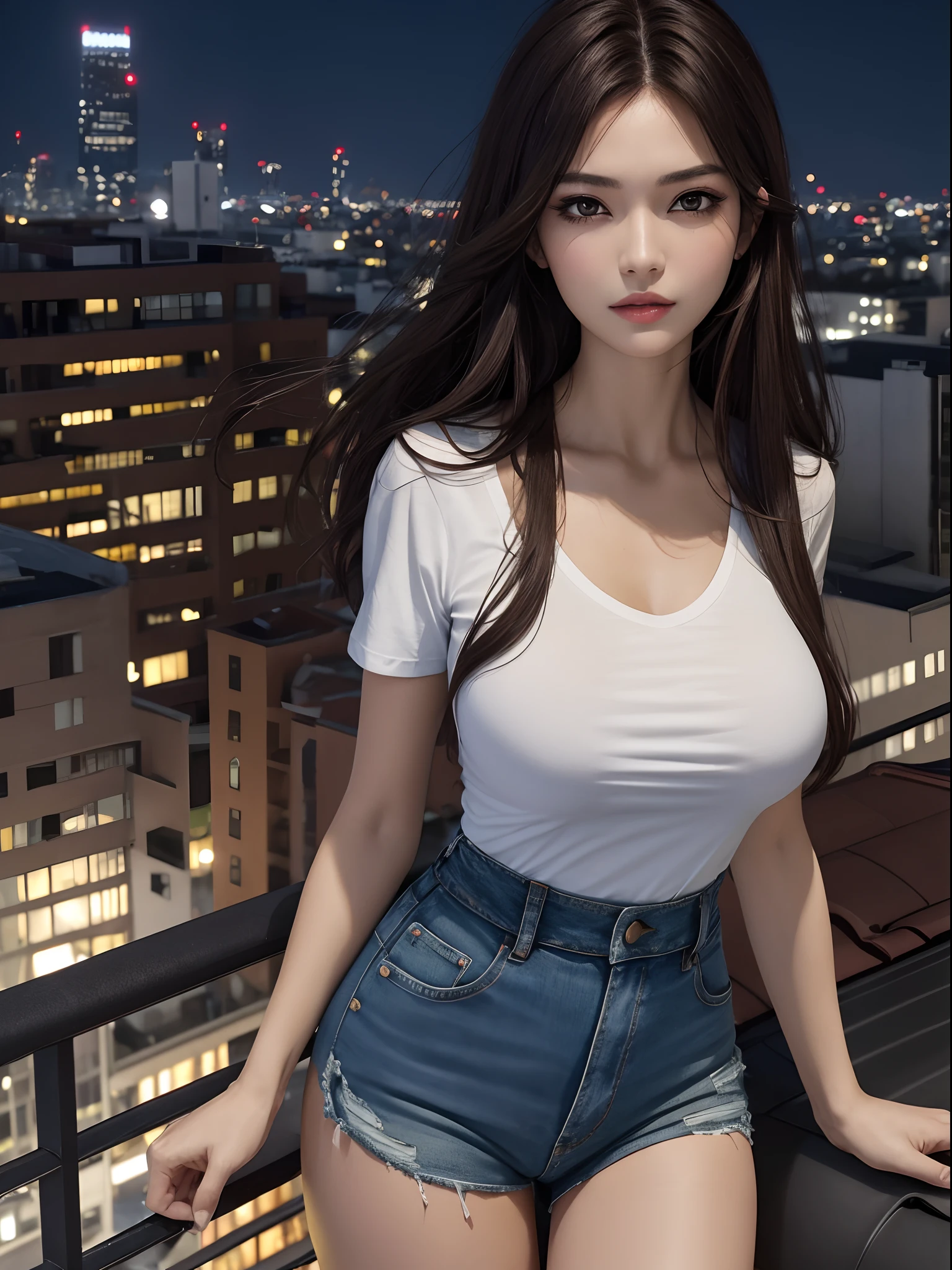 ((Midnight, Best quality, 8k, Masterpiece :1.3)), Whole body, Long legs, Sharp focus :1.2, A pretty woman with perfect figure :1.4, Slender abs :1.1, ((Dark brown hair, Big breasts :1.2)), (White tight tshirt, Jean bib, Standing:1.2), ((Night city view, Rooftop:1.3)), Highly detailed face and skin texture, Detailed eyes, Double eyelid