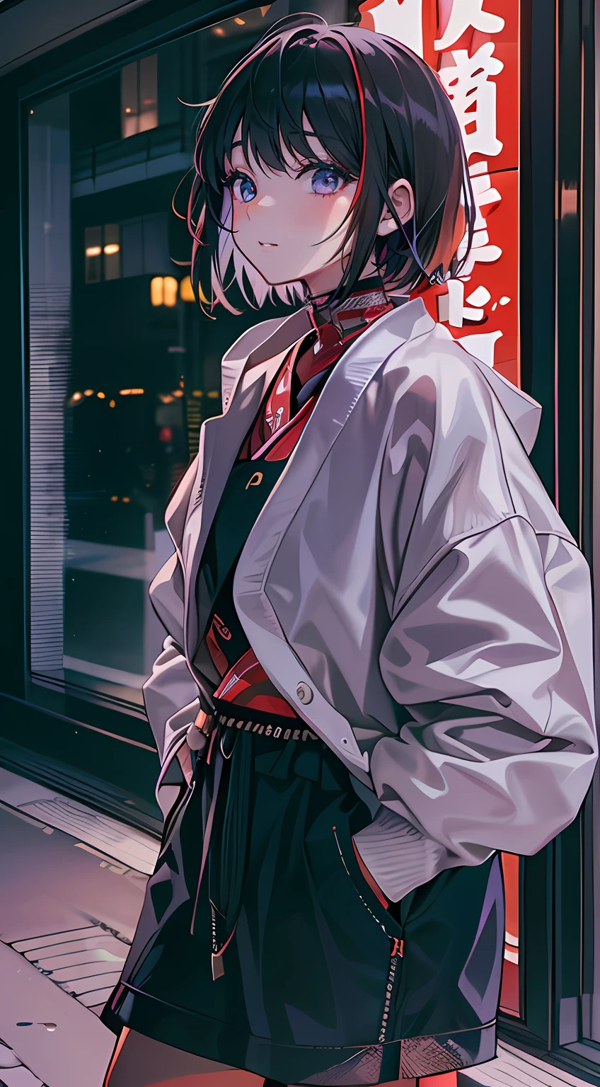 photoshoot girl at japan rooftop apartment during night, wear stylish and hypebeast outfit, with a warm expression on her face, full body photoshoot, hand in the pocket, wolfcut short hair
