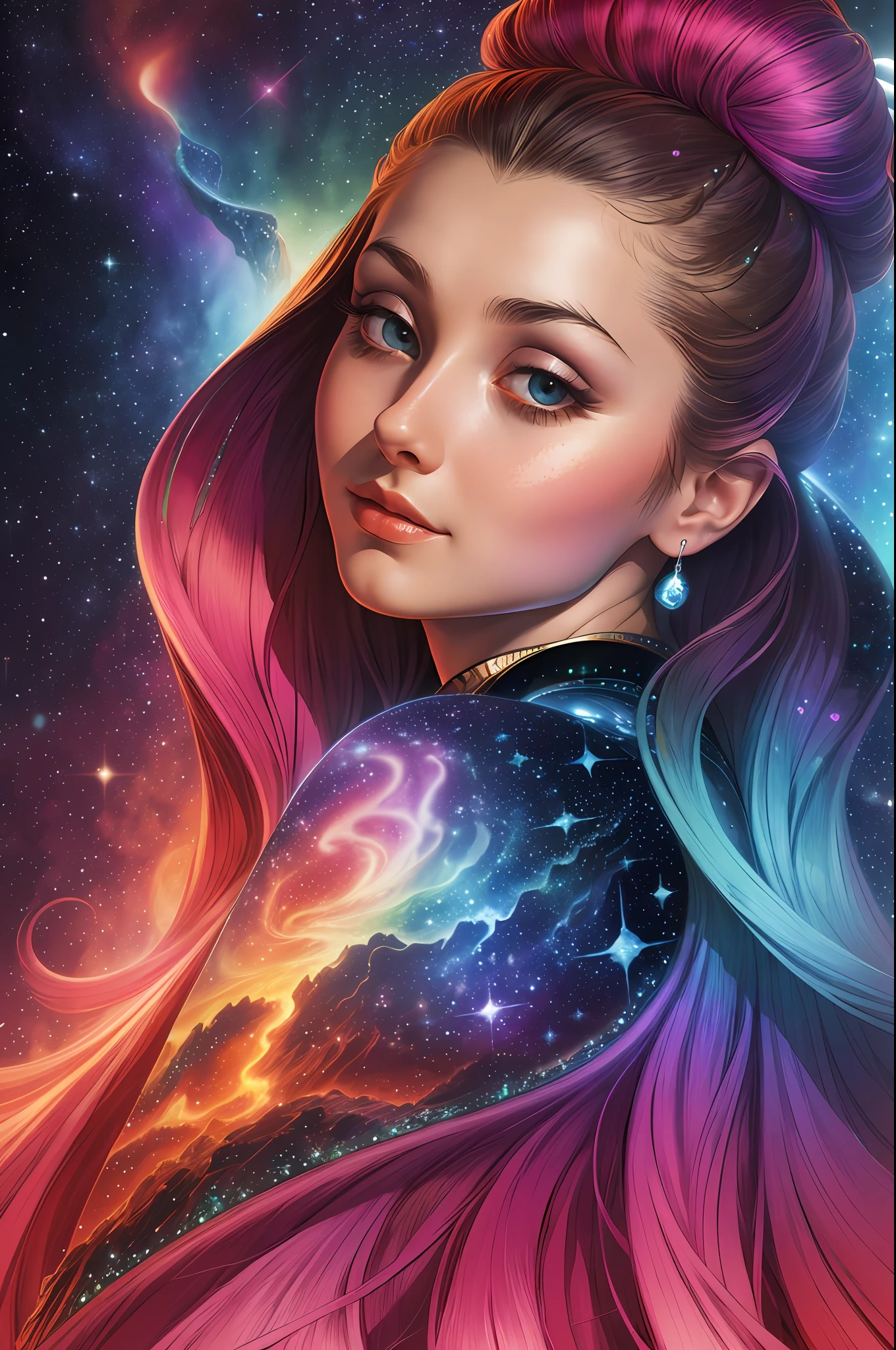 ((beste-Qualit)), ((tmasterpiece)), ((Realistic)), Ultra-detailed, (Cassiopeia, hairstyle bun), Star Waterfall, Perfect colorful gradient, illustration by Ernst Fuchs, —q 4 —s 750