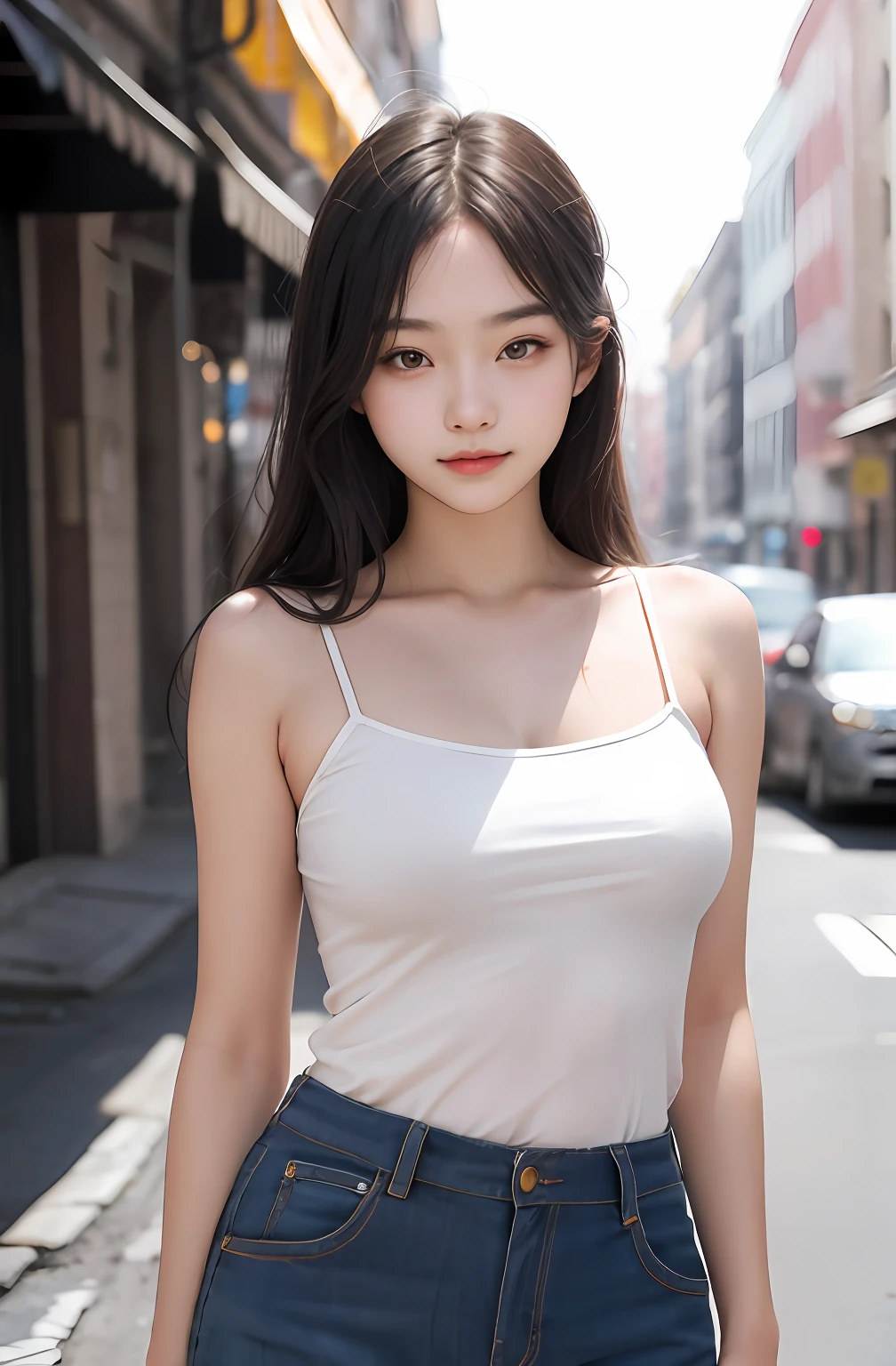 1girl, cute, , seductive expression, look at viewer, spaghetti strap top ,paper waist pants, photo, realistic, best quality, hires, detailed face, detailed background, diffused lighting, depth of field, bokeh,