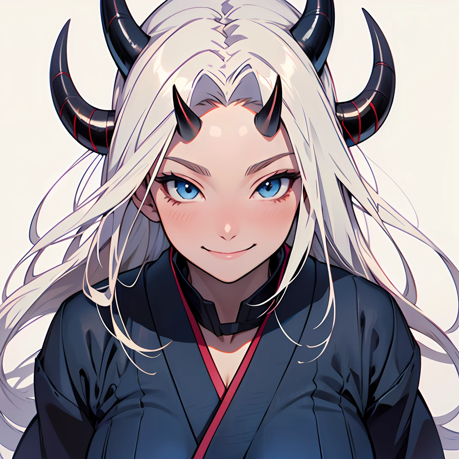 anime adult woman with long white hair, straight long hair, fringe bangs, blue eyes, cute, beautiful, astonishing beauty, warm happy expression, warm smile, busty, huge buxom chest, symmetrical horns, symmetrical horns sprouting from forehead, head shot, close up shot, lightly colored ninja clothing, traditional japanese village