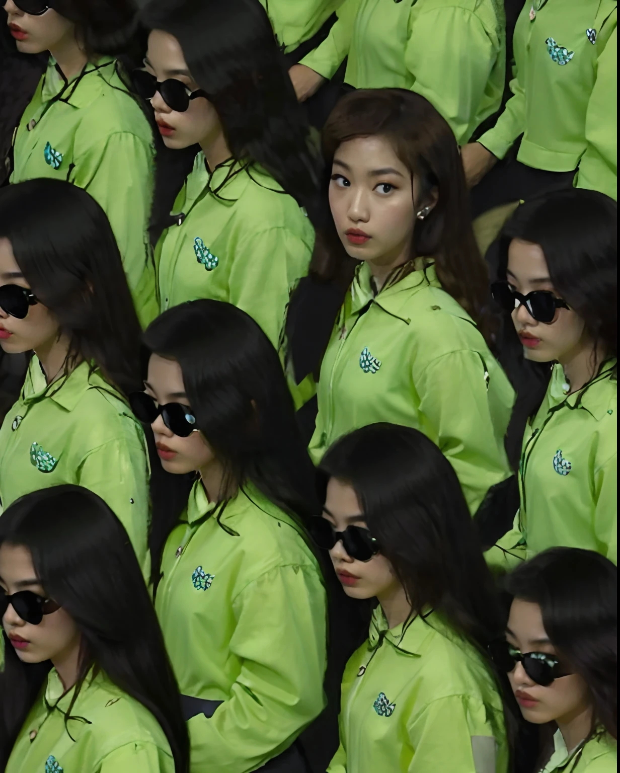 Close-up of a group of women in green shirts, 2 0 2 0 fashion, green shades, jaeyeon nam, Kim Tae-joon, blackpink jennie, kda, inspired by Yanjun Cheng, identical picture, Kim Hyun-joo, too many eyes, Multiple angles, Very reflective, joon ahn, korean artist, ji-min, portrait of jossi of blackpink