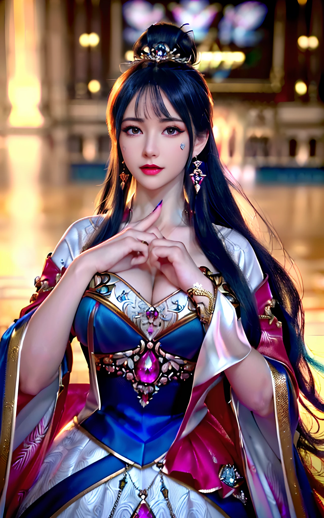 ((realisticity: 1.2)), ((realistic: 8K UHD)), ((best resolution: 8K UHD)), hyper detailed, best quality,masterpiece,highres,cg, ((1 girl hyper detailed and hyper realistic) ) , ((beautiful queen, hyper realistic and hyper detailed)),((white skin, beautiful, smooth, youthful, hyper realistic and hyper detailed )), ((Face hyper beautiful, white, hyper realistic and hyper detailed ) ), long hair, ((hyper realistic and hyper detailed dress)), solo, ((hyper realistic, hyper beautiful, beautiful and hyper detailed jewelry)), ((hyper beautiful deep red and golden yellow dress, hyper realistic and hyper detailed )) , ((Her pretty, hyper realistic, hyper detailed diamond filled earrings)), ((Her gorgeous diamond haircut, hyper realistic and hyper detailed)), ((hyper pretty upper body, hyper beautiful, hyper realistic and hyper detailed) ), ((medium breast: 1.5)), ((hyper realistic, hyper pretty, hyper detailed boobs)),   ((the backgroun of the royal palace is hyper majestic, hyper realistic and hyper detailed)),((hands and palms hyper beautiful, hyper detailed, hyper realistic)), ((fingers: pinky finger, index finger, ring finger, middle finger, and thumb hyper realistic, hyper detailed, hyper beautiful)), ((hyper pretty, hyper pretty, hyper realistic and hyper detailed hair bun)), ((hyper pretty , hyper realistic and hyper detailed blue hair)), candid, Photo, high resolution, 8k , bokeh,