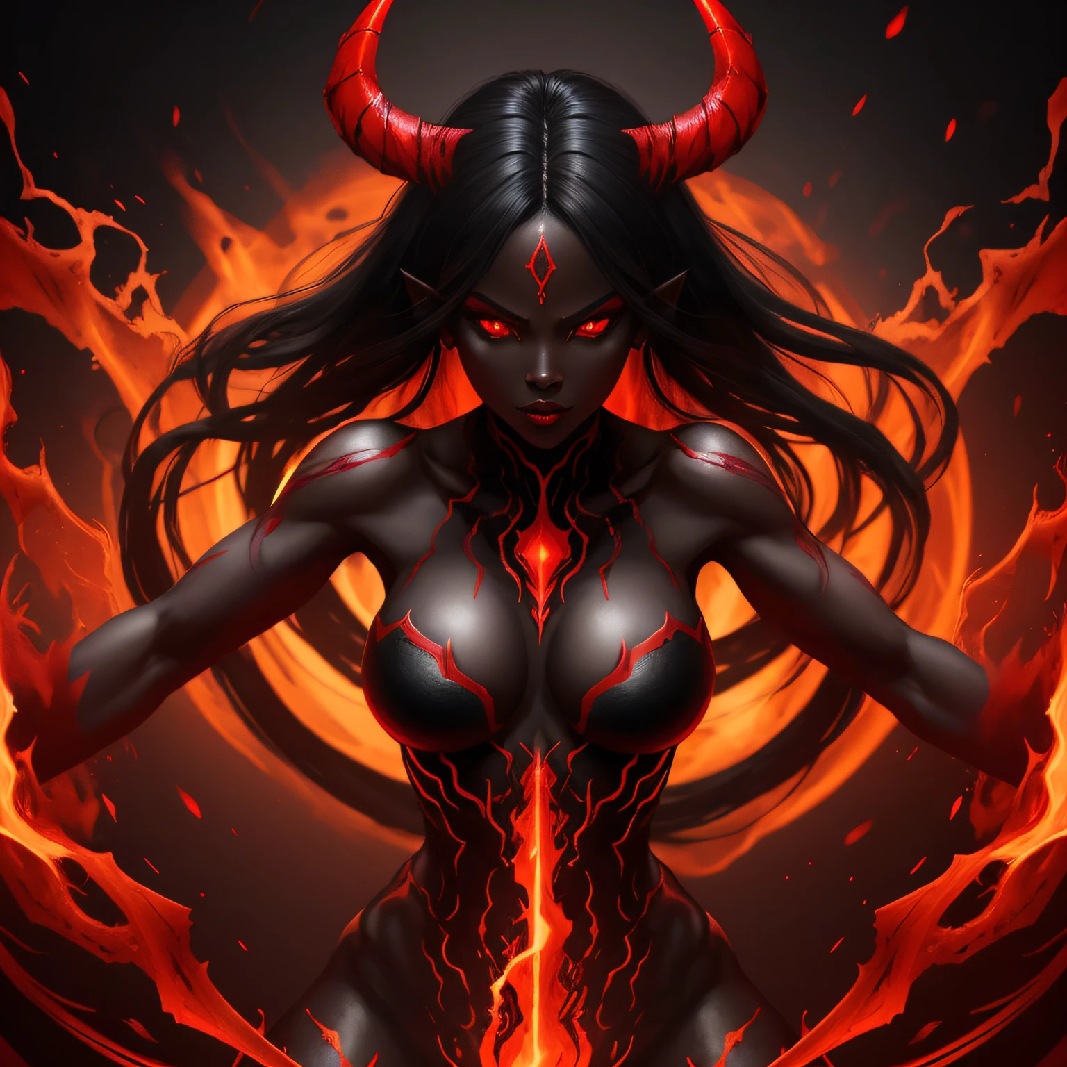 female demon, black background, red energy magic, red glowing eyes, black skin, dynamic pose, kawaii, fit build, gorgeous perfect face, in the style of realistic and hyper detailed renderings, zbrush, hyper realistic oil, contoured shading, dark scene, darkness