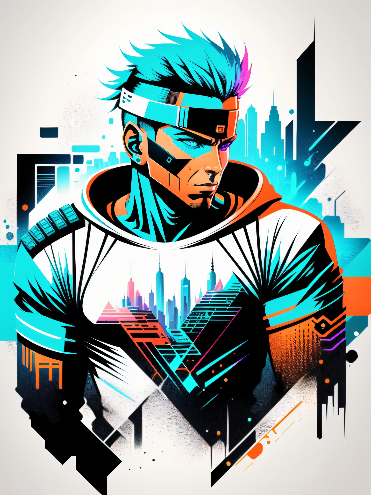 Ready to print t-shirt art vector colorful graffiti illustration of a futuristic soldier, futuristic cyberpunk city background, realistic picture style, image on white background, centered