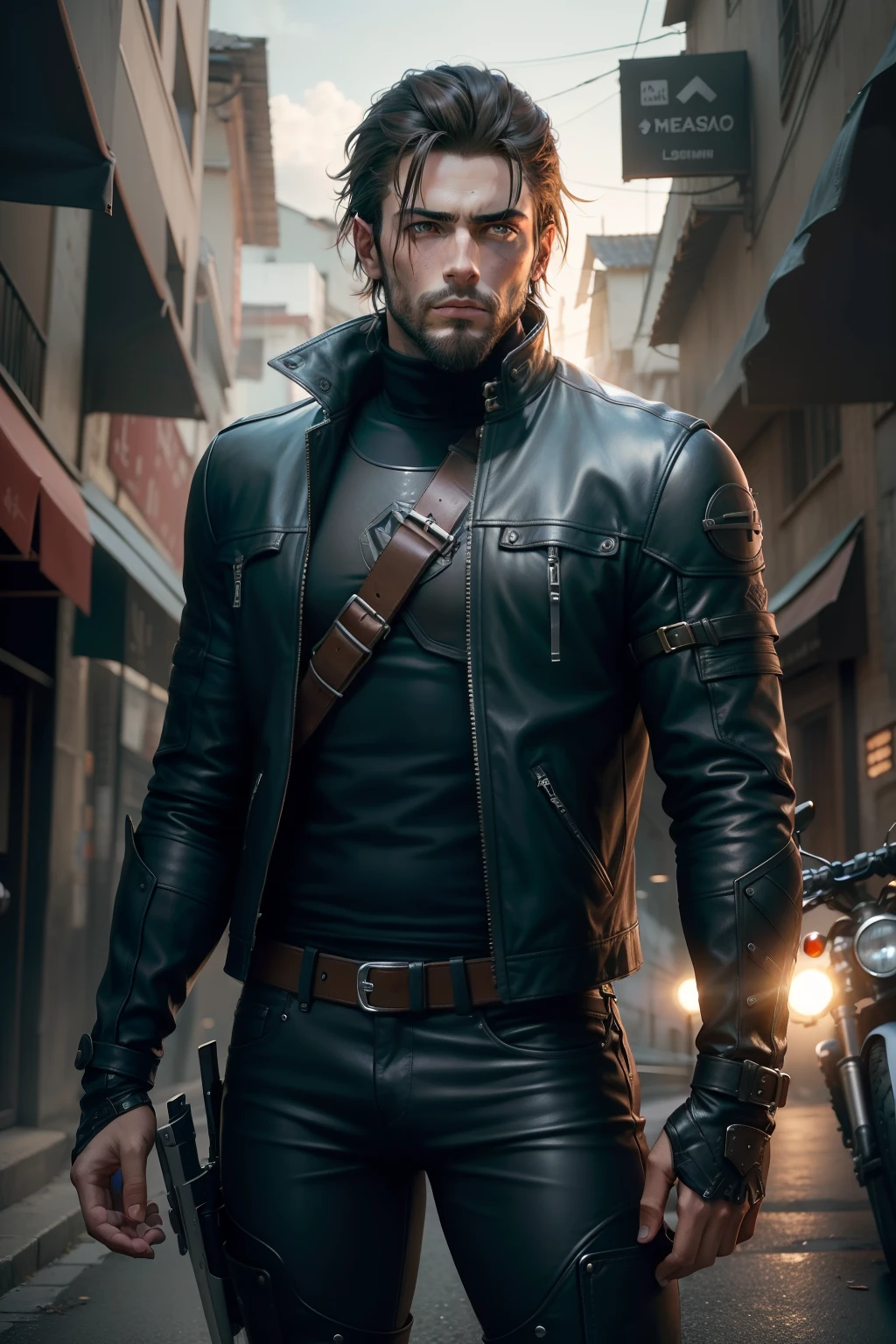 criar uma imagem de arte conceitual de um RPG de personagem de homem moderno, capacete de motociclista, corpo inteiro, jaqueta de couro preta, Botas marrons, camisa azul, Parece Leon de Resident Evil,
