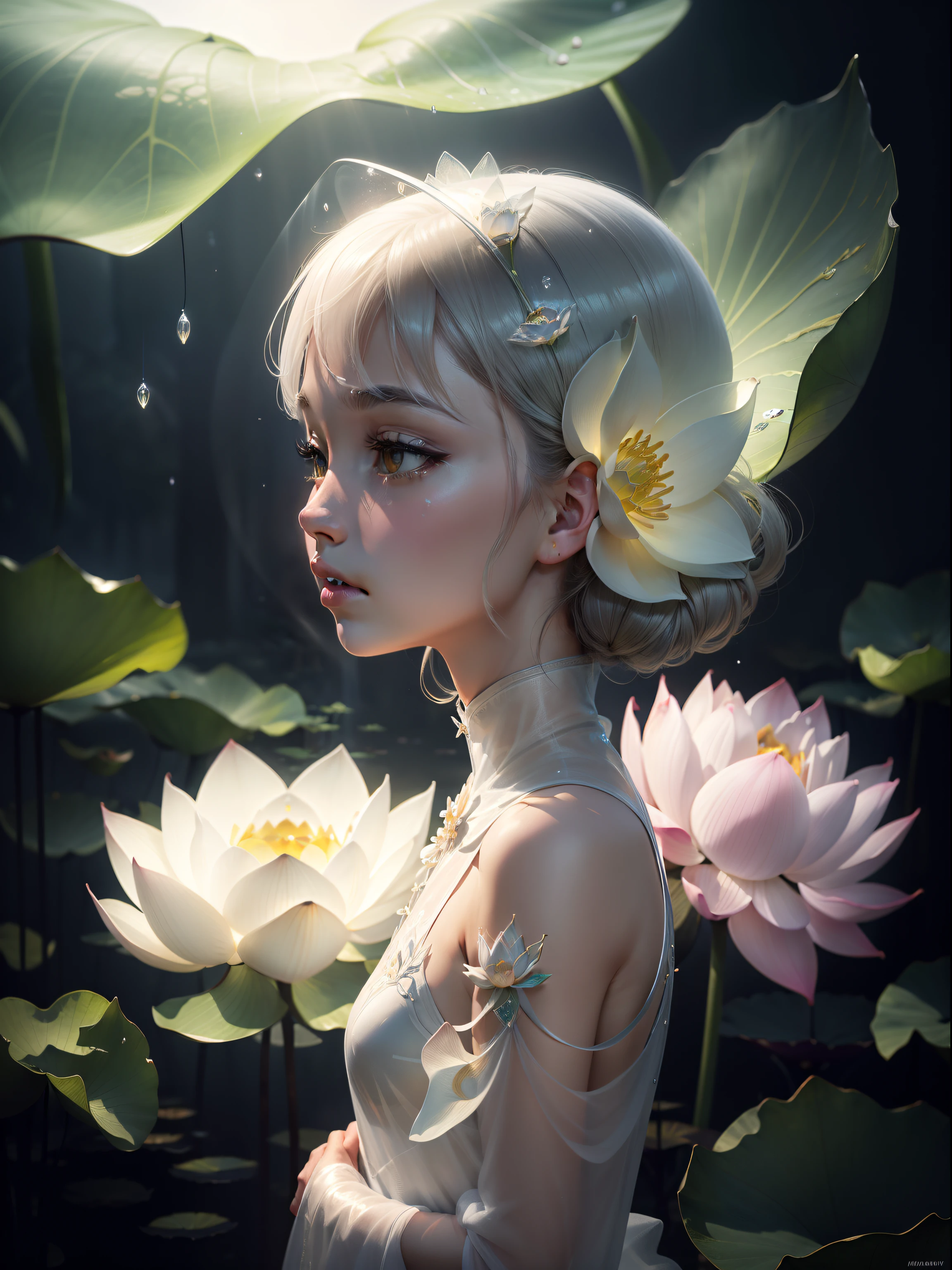 ((lotus flowers)), super transparent, holy light, beautiful spectral light, petals glow, flashing, dark background, drops of transparent light, reflective light, bright, light streaming in, optics, portrait profile, sharp focus, magical, intricate, ultra realistic, fantasy, composition, light, trend on artstation, pearl, patronus cloud of silvery vapor, corrosive enveloping ray family, 8k, ureal ar 23v4 uplight