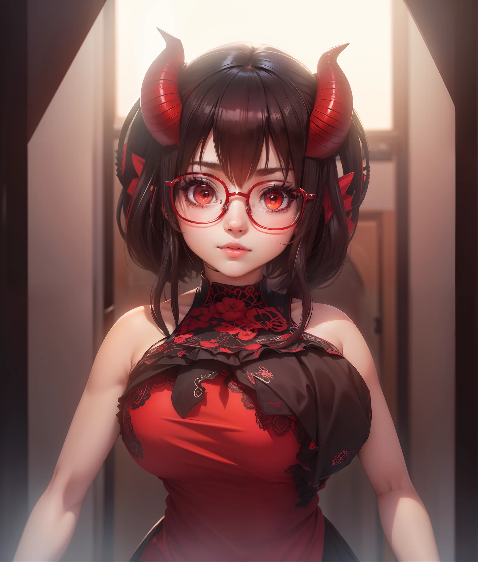 1 girl, anime girl, melhor qualidade, red and black, glasses, horns, cute, bright eyes, perfect eyes, beutiful, --q 1.25