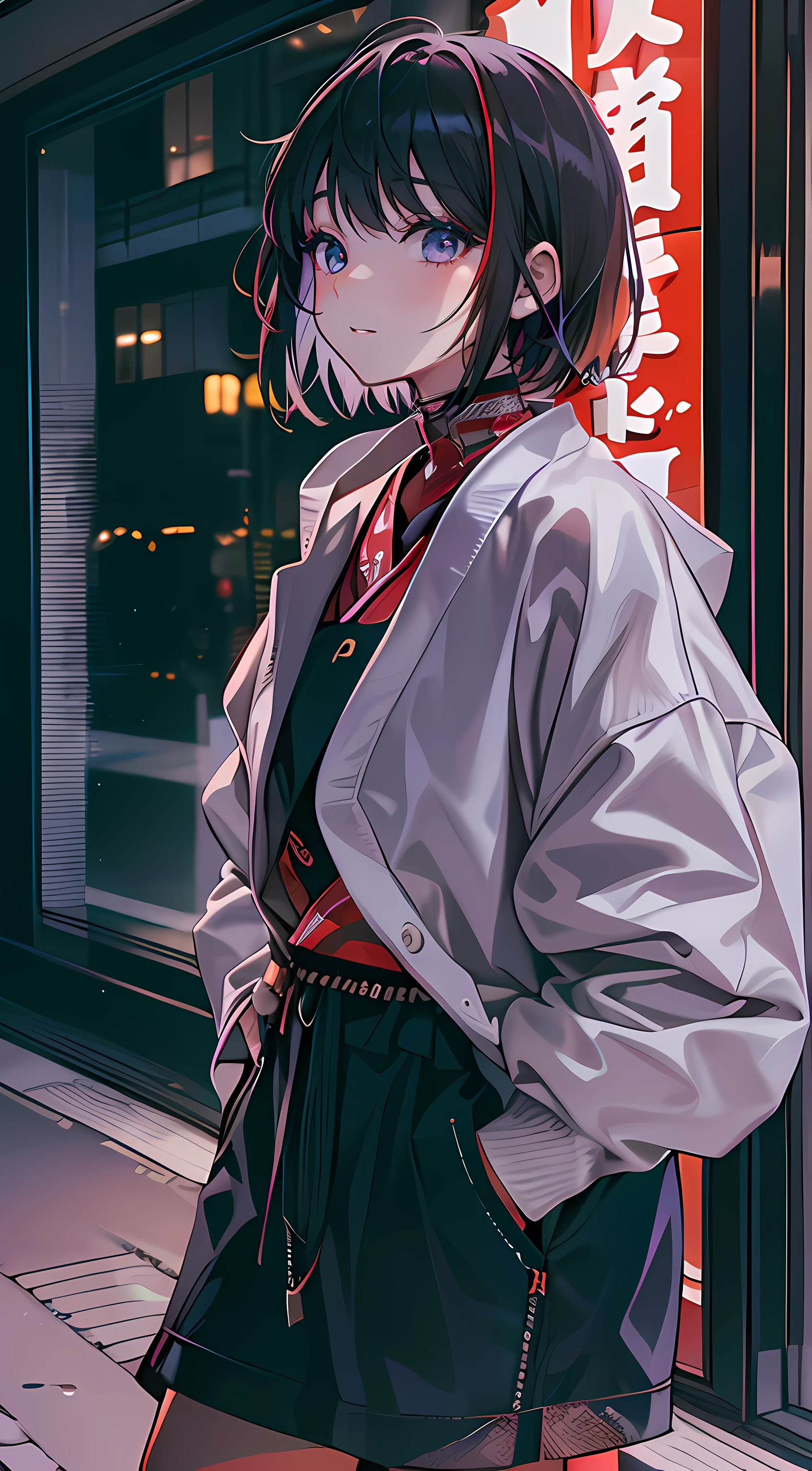 photoshoot girl at japan rooftop apartment during night, wear stylish and hypebeast outfit, with a warm expression on her face, full body photoshoot, hand in the pocket, wolfcut short hair