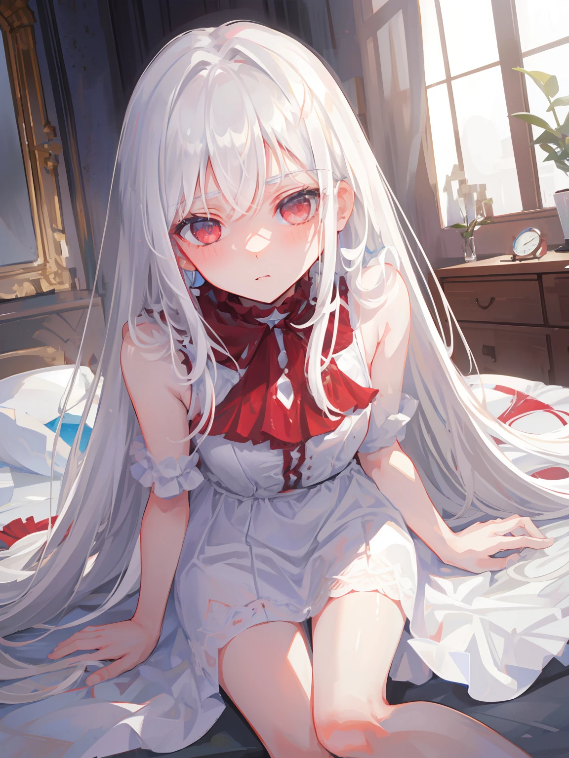 ((Masterpiece, Best quality))++, Detailed light+, Detail hair+, detail hand+ ,1girll, woman, Long hair, dark red eye, Beautiful eyes, Young gray hair,,(Beautiful white hair:1.5),(Beautiful detailed eyes), , high resolution+, Masterpiece, , Glass tones, Reflective eyes, {{Angle}} , extremelydetailedwallpaper, Original,full bodyesbian,Bedrooms,upper legs, Beth,starrysky,Issuing,,swim wears