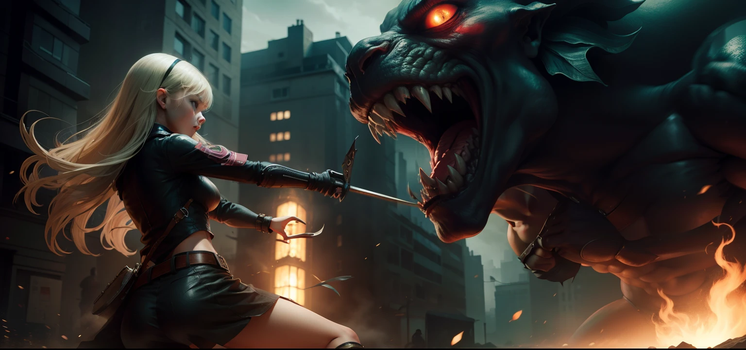 Girl fighting with monster