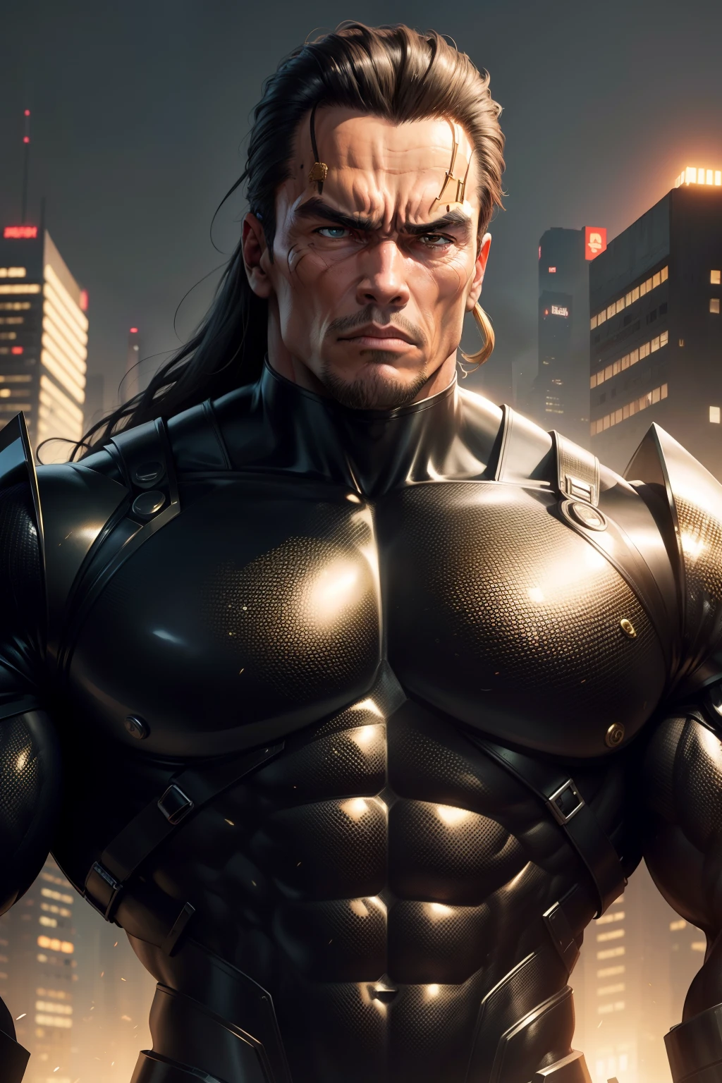 masutepiece、landscape of a future city、Arnold Schwarzenegger style men、Super macho body、Black bodysuit、Wear golden armor、angry looking face、Wrinkles between the eyebrows、full-body view、