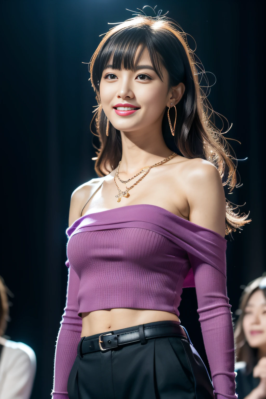 （8K分辨率，Full-body photos from a distance，Realistic wallpapers），（1 female，18yr old，（Rina Kuroki's facial features：1.6，Broad bone surface，babyfat，s delicate face），com rosto detalhado，（Delicate Japanese makeup，Stage pop makeup），Lovely face，com rosto detalhado，详细的脸，Ultra-fine makeup，Black colored eyes，（Look into the distance），Big wavy long hair，（By bangs，dual horsetail，Messy hair，Messy has layers），Redlip，Fair smooth skin，（Best Skin Type：1.21），mediuml breasts，（Off-the-shoulder white shirt，Ultra shorts，（materpiece：terylene，Lycra cotton，elasticity），big earrings，Fashion necklace，high-heels），Tall and tall，perfect hand，Ultra-fine clothing material），（Stage performances，Exquisite stage details，（Vista view of the catwalk，Outdoor catwalk，Tokyo fashion show，neonlight，There were a lot of spectators in the audience，Model on the catwalk）），（exhilarated，confident smile，Rejoice），（Various stage lighting assistance，profesional lighting，动态照明），（（vibrant with colors，Reserved，ellegance，vivaciousness，（white colors，purpleish color，blue colors，In pink））），（Golden section，Cinema lenses，Hasselblad photograp，tmasterpiece：1.3），（Pure，adolable，Sunny and lively，petite，boisterous，dream magical，Little woman，trendsetting，Street style，Artis，Art platform