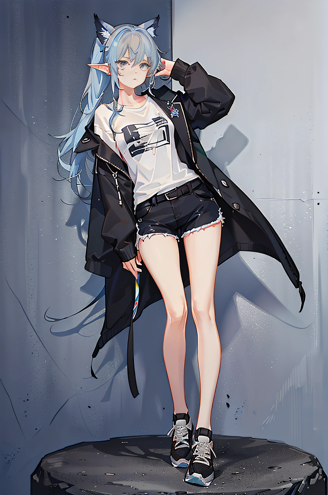 tmasterpiece，HighestQuali，full bodyesbian，A woman，standing on your feet，Gray hair，side pony tail，dark strong blue eye，Striped shirt in cyan and black，Black jacket，Black shorts，Red sneakers，leg loops，Elf ears