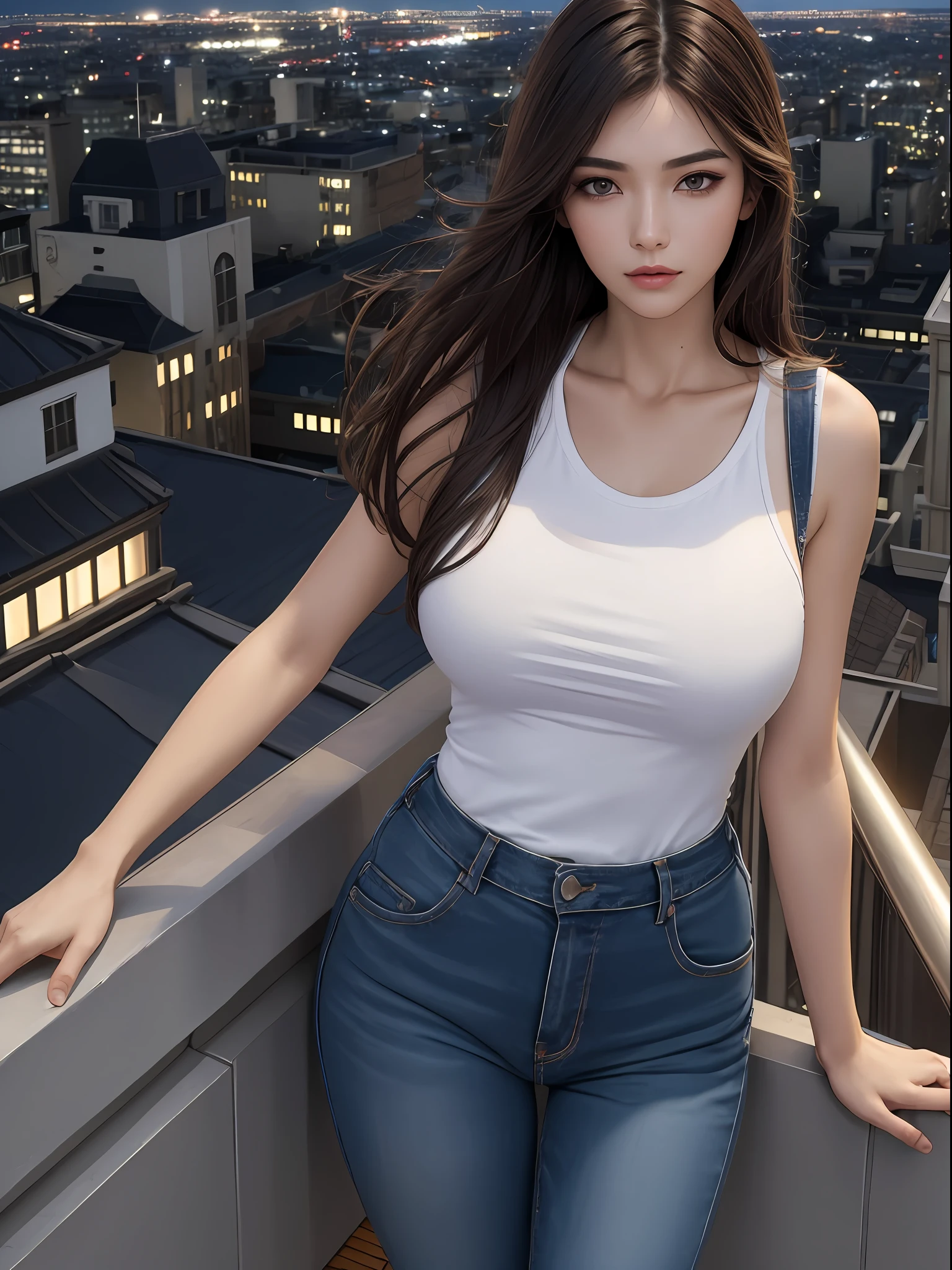 ((Midnight, Best quality, 8k, Masterpiece :1.3)), Whole body, Long legs, Sharp focus :1.2, A pretty woman with perfect figure :1.4, Slender abs :1.1, ((Dark brown hair, Big breasts :1.2)), (White tight tshirt, Jean bib, Standing:1.2), ((Night city view, Rooftop:1.3)), Highly detailed face and skin texture, Detailed eyes, Double eyelid