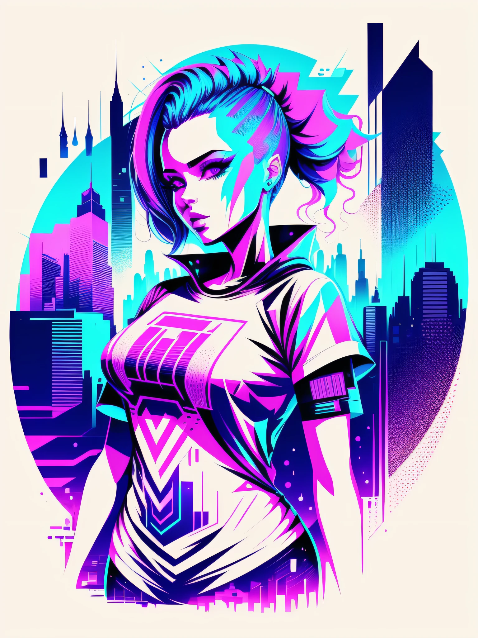 Ready to print t-shirt art vector colorful graffiti illustration of a futuristic woman, futuristic cyberpunk city background, realistic picture style, image on white background, centered