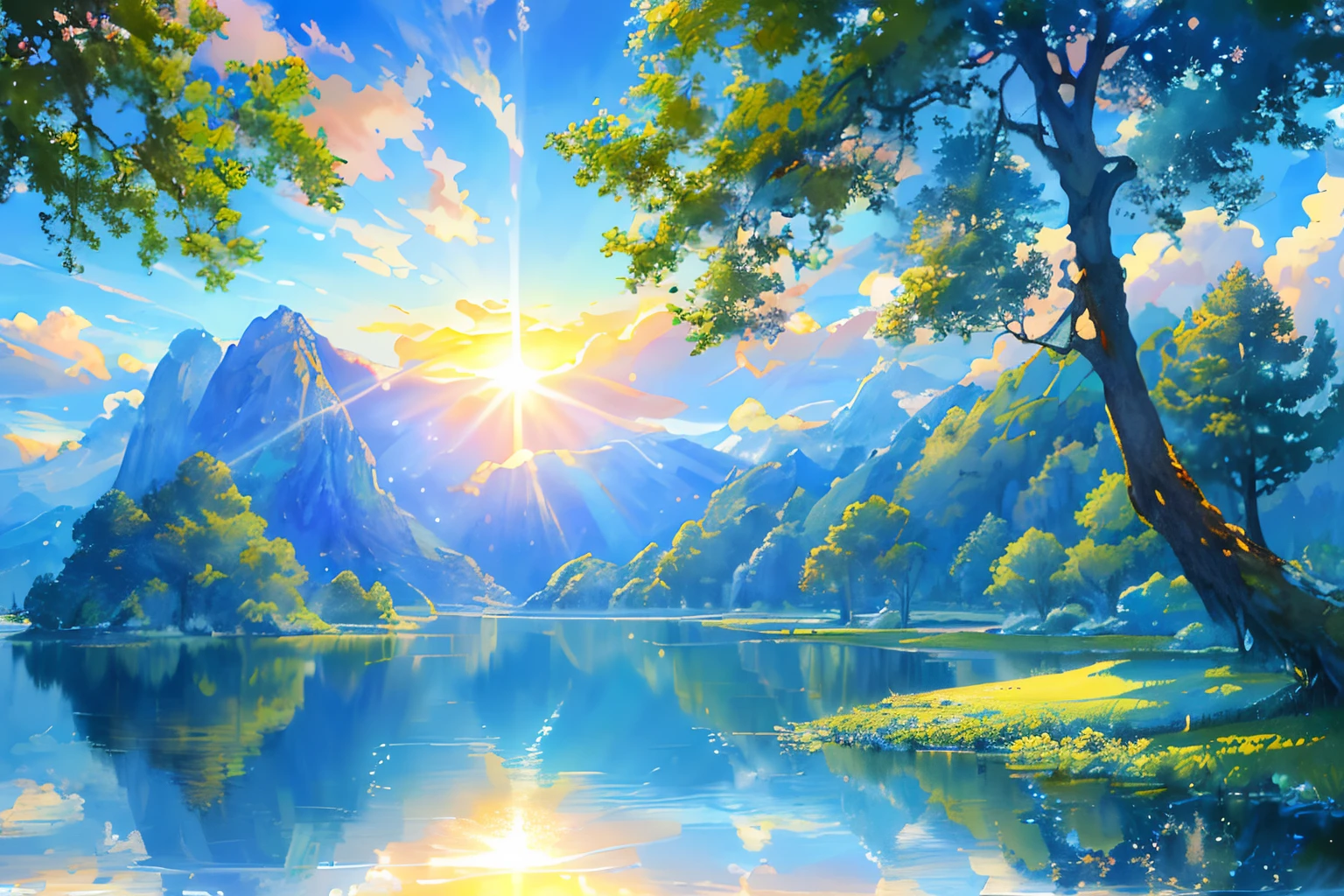 ​masterpiece, top-quality, (extremely detailed CG unified 8k wallpaper) (top-quality), (The best illustrations), (best shade)、Super Meticulous, blue-sky、Variety of clouds、Wonderfully beautiful、nostalgic、Looking up at the sky、Reflection of the Sun、Natural colors、the woods、Scenic、Summer sky、Make blue the basis