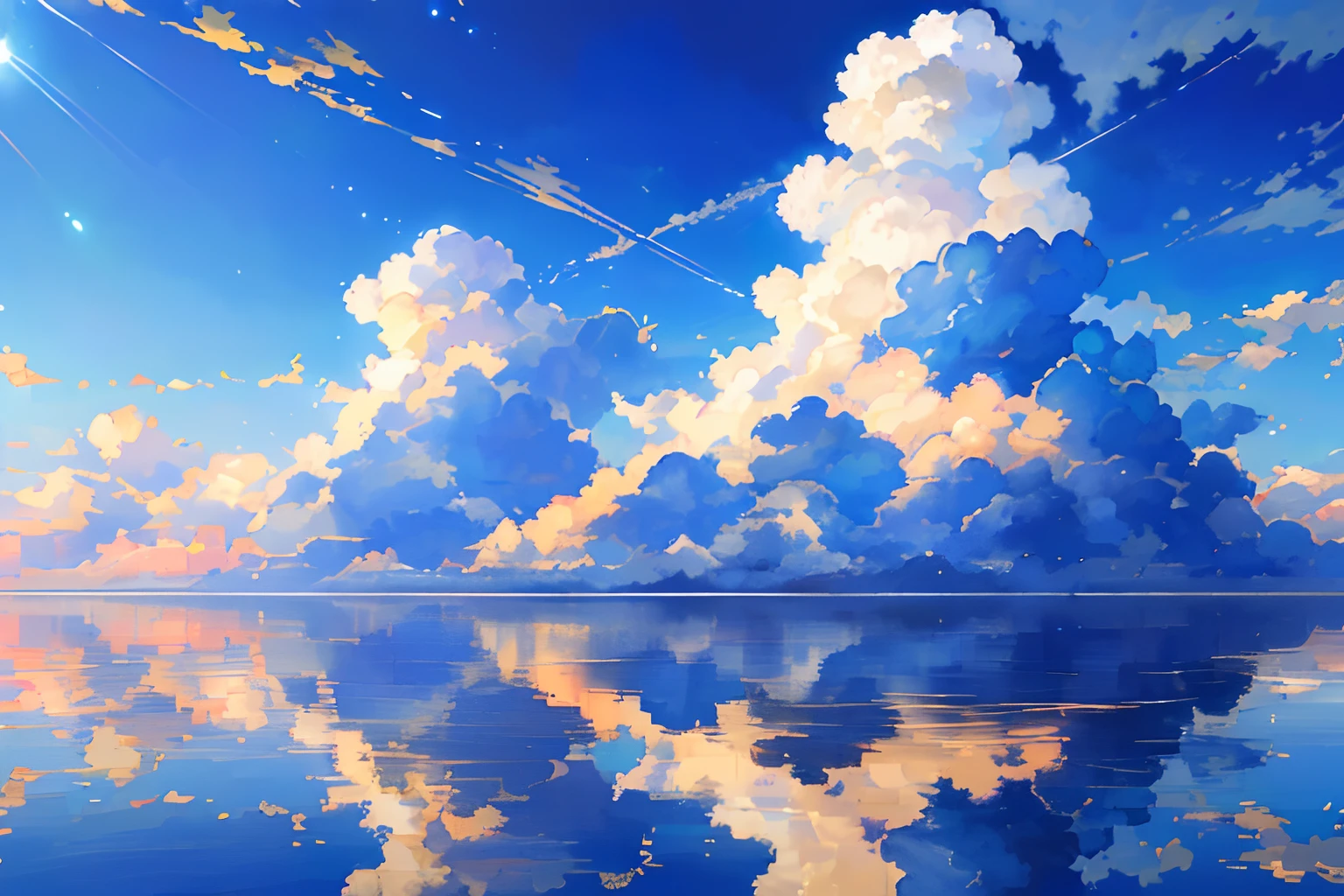 ​masterpiece, top-quality, (extremely detailed CG unified 8k wallpaper) (top-quality), (The best illustrations), (best shade)、Super Meticulous, blue-sky、Variety of clouds、Wonderfully beautiful、nostalgic、Looking up at the sky、Reflection of the Sun、Natural colors、the woods、Scenic、Summer sky、Make blue the basis