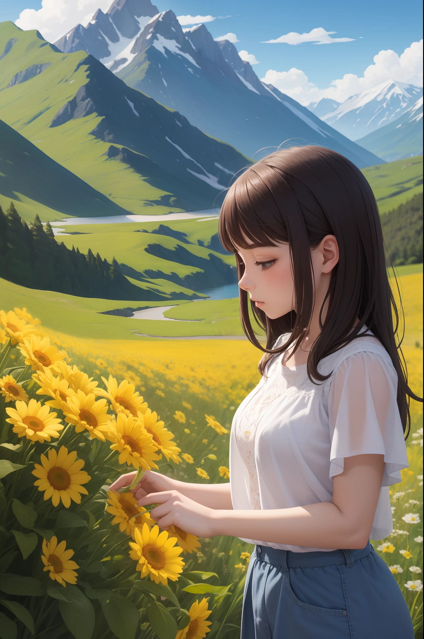 A girl troubled by love, healed by nature in the mountains while picking flowers. This painting is a beautiful poem that depicts the warm sunshine that fits in the great outdoors and the heart of a girl named Matilda in her adolescence.