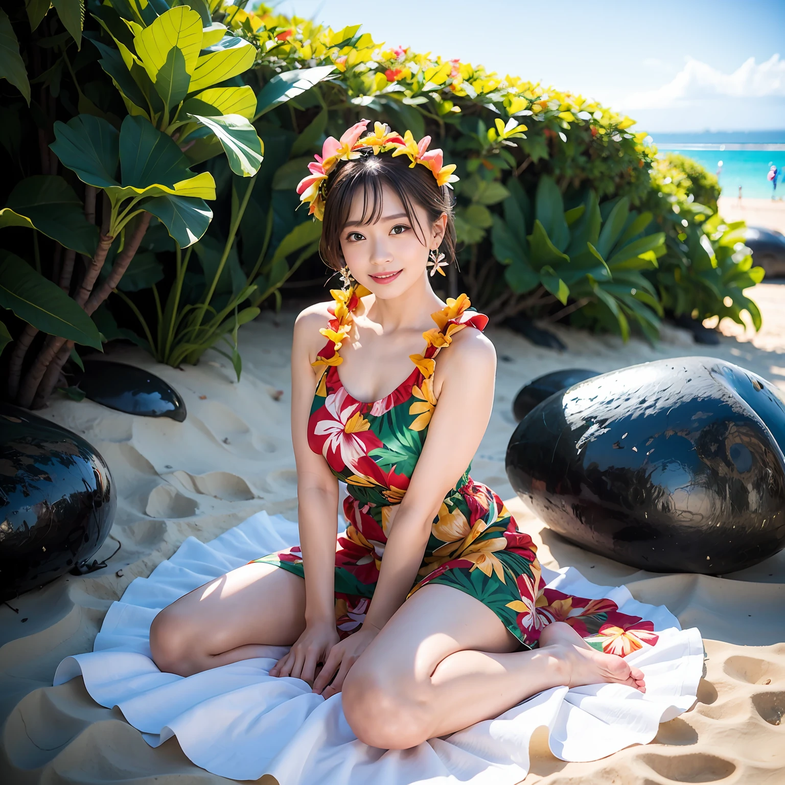 Traditional Muumuu Attractive Poster Advertisement, High resolution, sharp focusing, (bokeh), (The background is a beautiful beach in Hawaii:1.5), BREAK, (Photorealistic:1.2, Real person, Full body shot, Solo Focus), RAW, Beautiful woman, 23 years old, (Sitting in a feminine pose:1.2), Detailed beautiful face, pale skin, Floral headdress, wreath, earrings, jewelry eyes, pure eyes, thick lips, smile, shy, beautiful arms, beautiful hands, beautiful fingers with polished nails,(Wearing Hawaiian Long Summer Dress, Floor length:1.5), ruffle collar, off shoulders, long Mu Mu (Hawaiian discreet clothes), BREAK, Her beautiful toes, pedicure, Open-toed sandals, Colorful, Tropical, Modest atmosphere