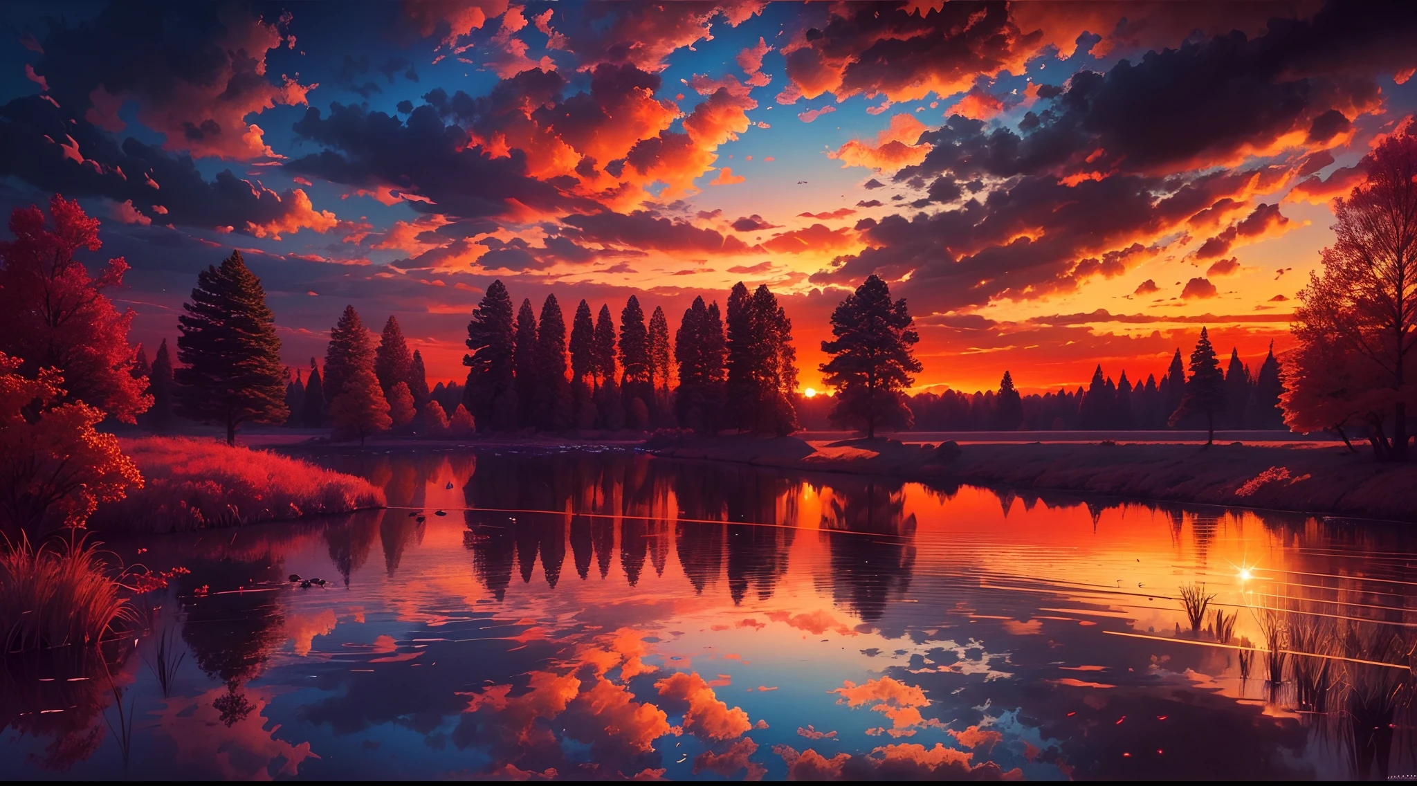 there is a beautiful sunset with a lake and trees in the background, colorful skies, surreal colors, colorful sunset, colorful sky, marvellous reflection of the sky, stunning sky, dream like atmosphere 8k, colorful clouds, colors reflecting on lake, surreal sky, red and blue reflections, fire reflection, beautiful sky, beautiful and spectacular dusk, beautiful dreamy landscape, amazing sky