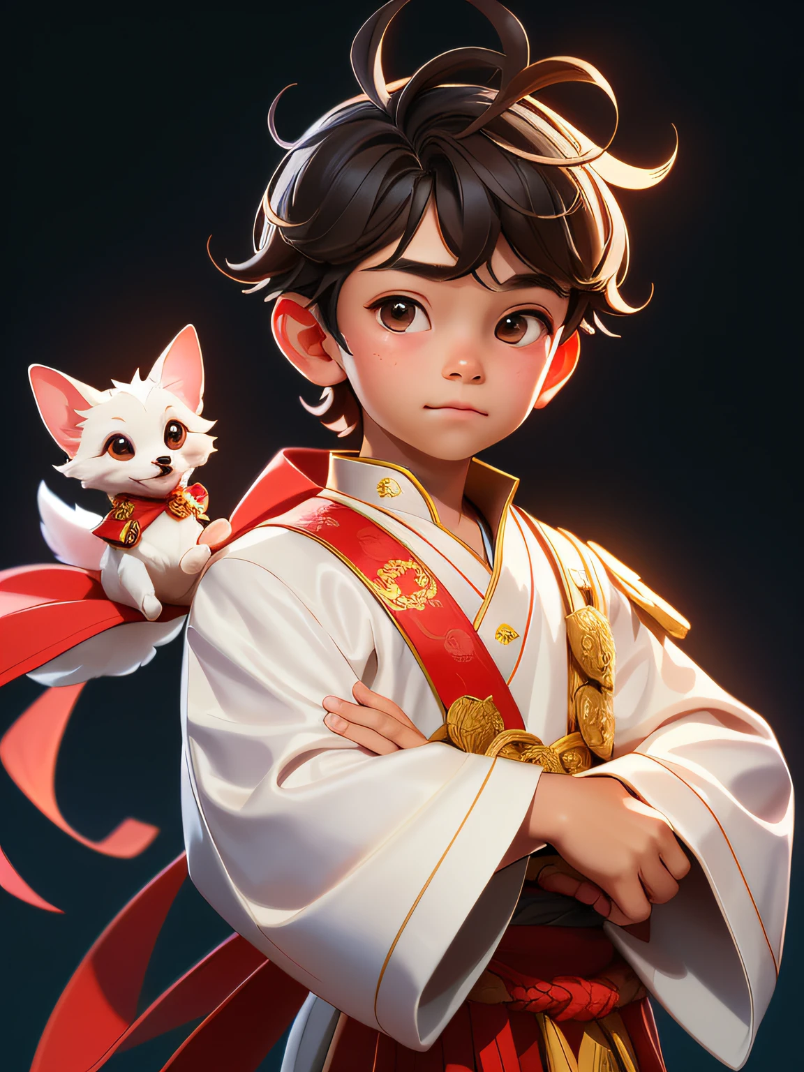 10 year old boy,Future-proof,tmasterpiece,HighestQuali,((Fotorrealista:1.4))tmasterpiece,(tmasterpiece,Best quality at best)Cute ,Traditional Chinese white Hanfu,with a spear in the back,Elaborate Eyes,There is a small dog in front,Happy smile,clean backdrop,rendering,illustratio,very delicate beautiful,highly detailed CG,hugefilesize,super detailing,超A high resolution,A high resolution,Very detailed,((very detailed eyes and faces)),美丽细致的眼睛,Very delicate face, lighting perfect,Facial Lights,natural color,((10-year-old boy), red gradient background