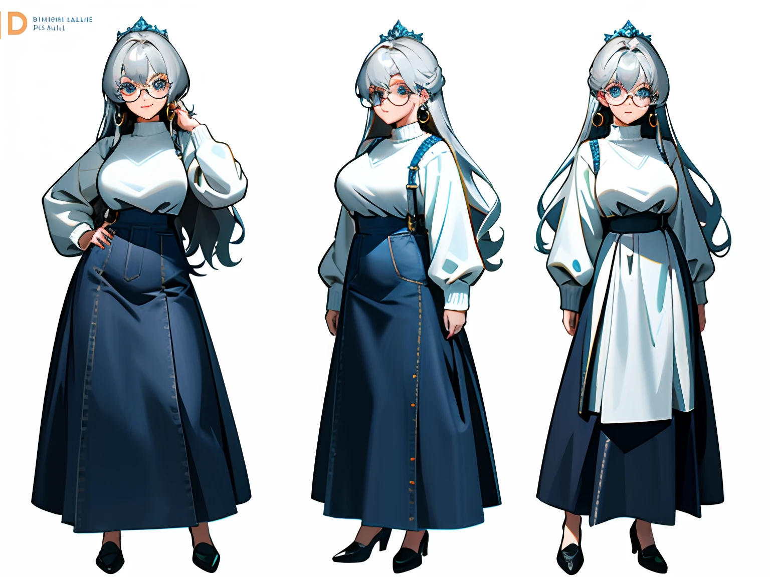 Masterpiece: 1.6, best quality: 1.4, live image: 1.2, intricate details: 1.2, charturnerv2: 1.2, 1lady full body character change,
Appearance: milf: 1.25, thin: 1.3, light blue eyes, large breasts, detailed eyes, quality eyes,
Clothing: white fluffy sweater, blue jeans
Accessories: simple hoop earrings, circle glasses,
Hair: silver hair, long hair, semi curly hair,
Makeup: natural, shiny skin,
(single background, white background: 1.3), multiple views, multiple views of the same character in the same outfit: 1.3.