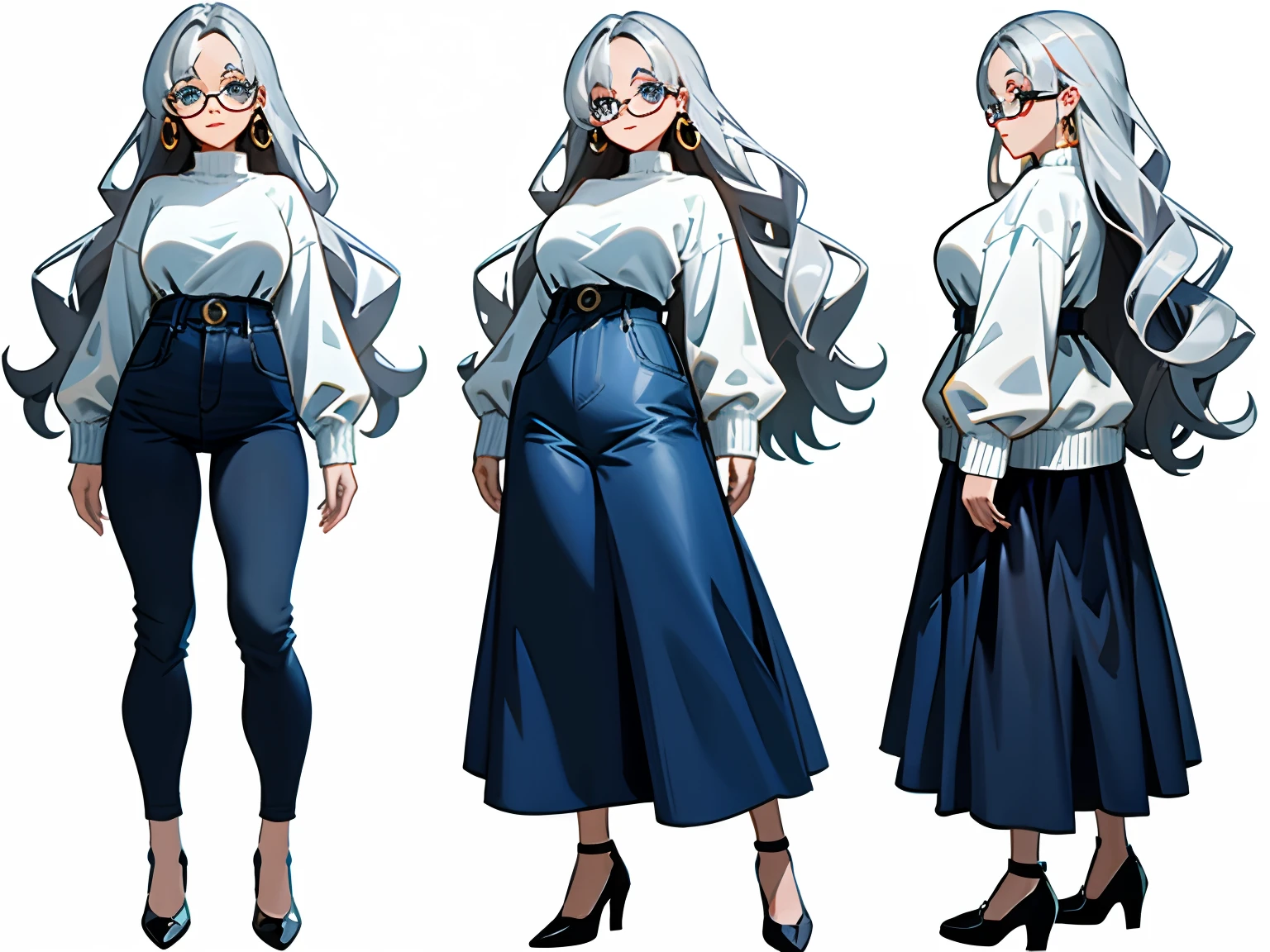 Masterpiece: 1.6, best quality: 1.4, live image: 1.2, intricate details: 1.2, charturnerv2: 1.2, 1lady full body character change,
Appearance: milf: 1.25, thin: 1.3, light blue eyes, large breasts, detailed eyes, quality eyes,
Clothing: white fluffy sweater, blue jeans
Accessories: simple hoop earrings, circle glasses,
Hair: silver hair, long hair, semi curly hair,
Makeup: natural, shiny skin,
(single background, white background: 1.3), multiple views, multiple views of the same character in the same outfit: 1.3.