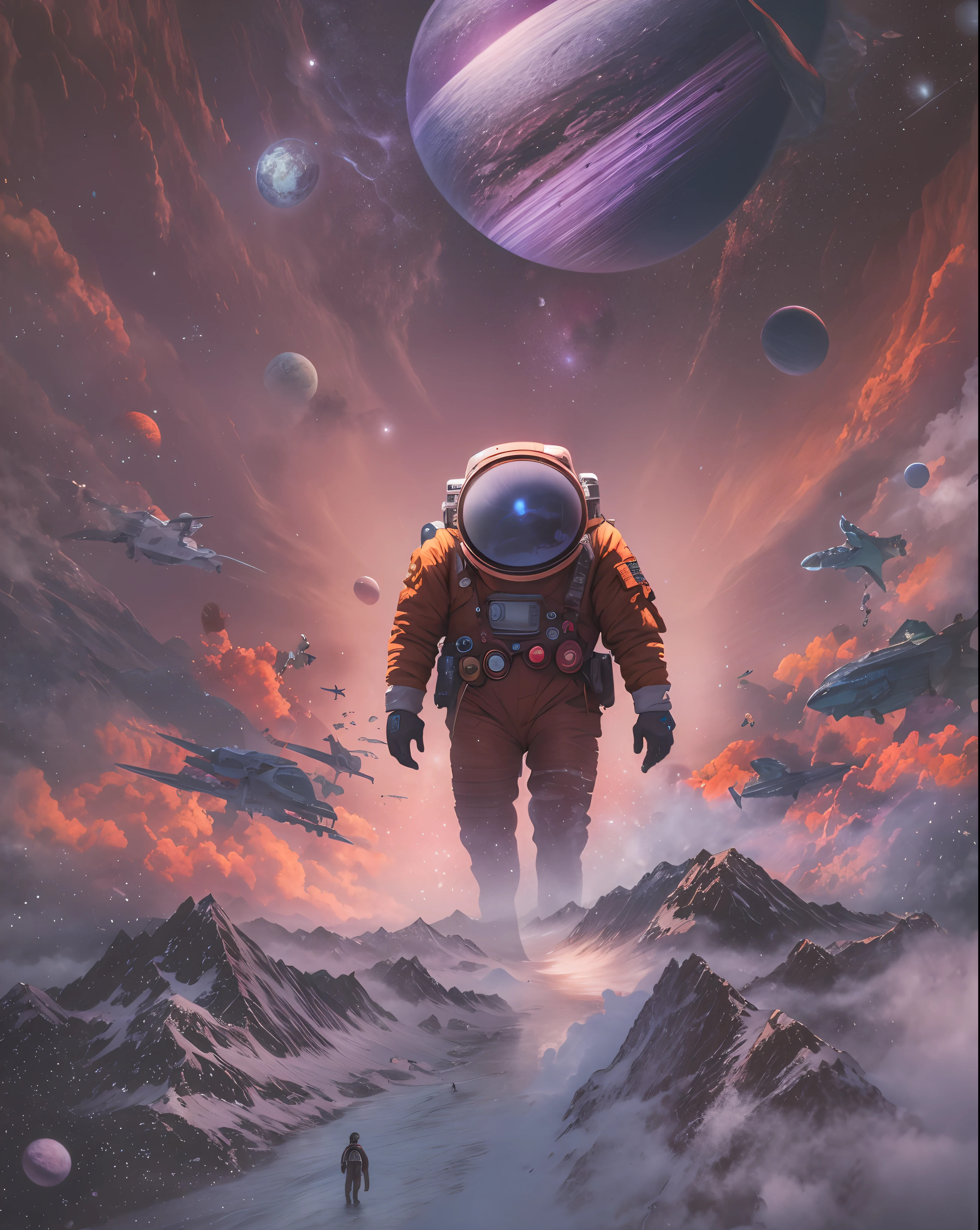 there is a man that is standing in front of a picture, surreal space, collage style joseba elorza, a collage of space travel, surreal collage, standing in outer space, planets crashing, in the space, skateboarding beside planets, in the multiverse, floating in the cosmos nebula, in space, portal to outer space, do a kickflip, multiverse!!!!!!