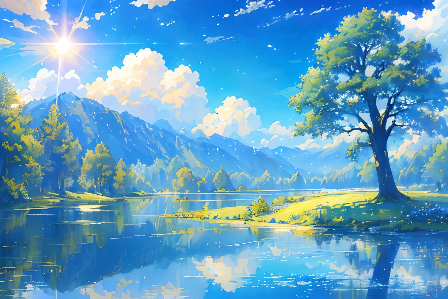 ​masterpiece, top-quality, (extremely detailed CG unified 8k wallpaper) (top-quality), (The best illustrations), (best shade)、Super Meticulous, blue-sky、Variety of clouds、Wonderfully beautiful、nostalgic、Looking up at the sky、Reflection of the Sun、Natural colors、the woods、Scenic、Summer sky、Make blue the basis