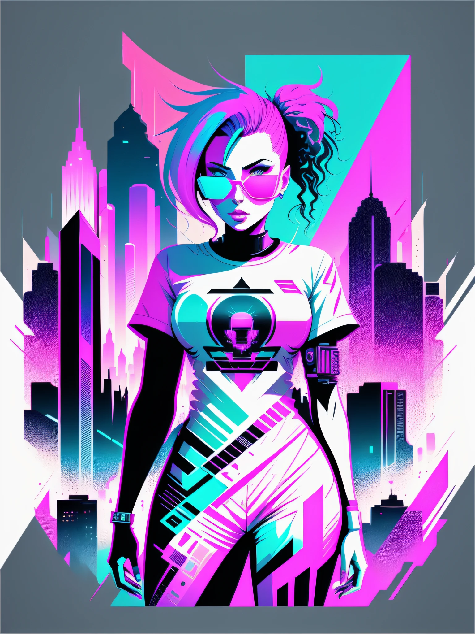 Ready to print t-shirt art vector colorful graffiti illustration of a futuristic woman, futuristic cyberpunk city background, realistic picture style, image on white background, centered