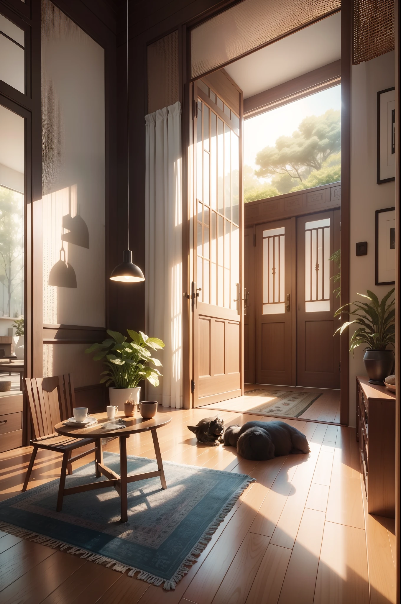 interior design、Insanely detailed wide-angle architectural photo、Cozy contemporary living room、(Bright and warm sunlight 1:0.1)、Award-winning contemporary interior design、landscapes、The table、a chair、in a house、Wooden flooring、window、resturant、east asian east asian architecture、sliding paper doors、abajour、architectural、the woods、naturey、cups、a plant、interior design、Insert lighting and shadows、depth of fields、low illuminance