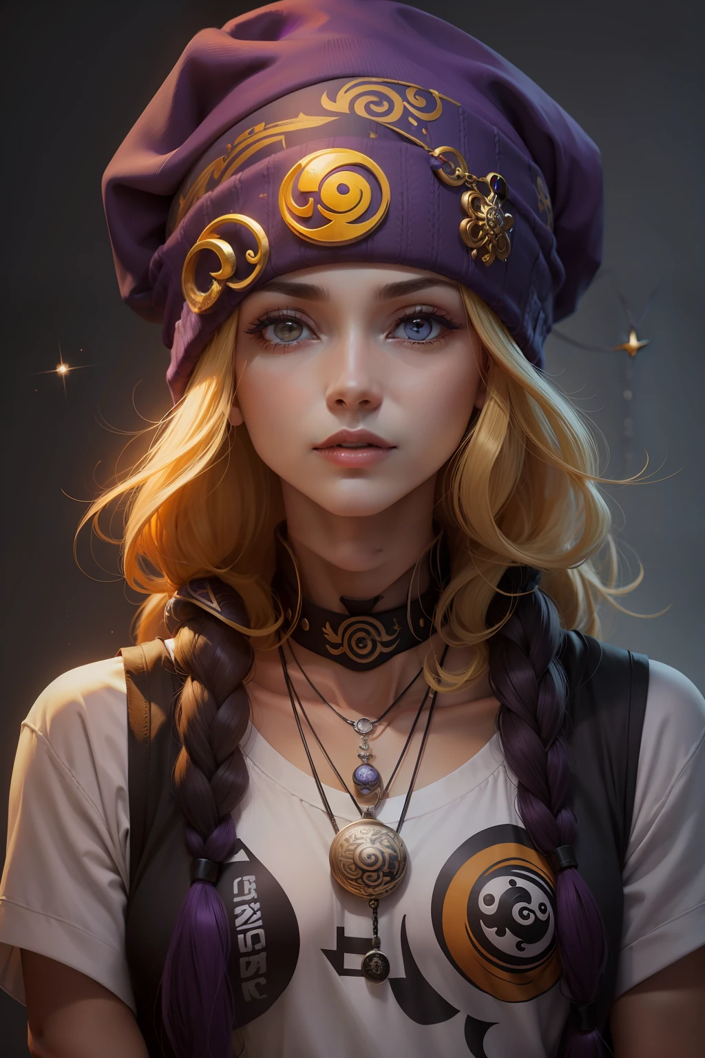 Garota; cabelos amarelos; Purple beanie with yin yang symbol emblazoned on cap; necklace with pendant symbol letter M;