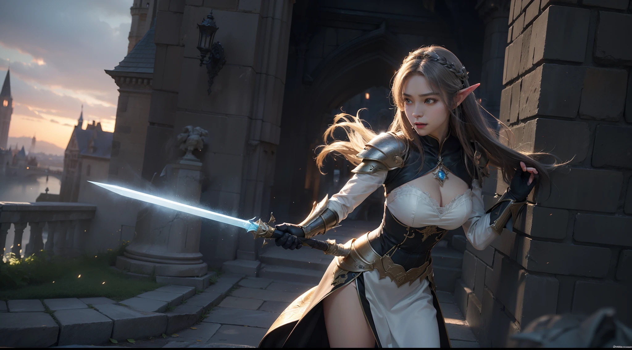 ((best qualtiy)), ((tmasterpiece)), ((Realistis)), (A detailed), (realisticlying:1.5),illusory engine, (High detail: 1.9),(femele:1.4),(big breasts beautiful: 1.4),(carismatic:1.3), (Large breasts), Female elf,beuaty girl,Exquisite armor,beauitful face, looking at viewert, dynamicposes, The background is the castle,hdr, Ray traching, NVIDIA RTX, Hyper-Resolution, Unreal 5, sub surface scattering, PBR textures, Post-processing, Anisotropic filtering, depth of fields, Maximum clarity and sharpness, trichotomy,8K original,(Luminous Particle:1.4),(VerydetailedCG,Unity 8k壁纸,cinmatic lighting,lens flare glow),Reflectors,Sharp focus,(((Glowing sword:1.8)))
