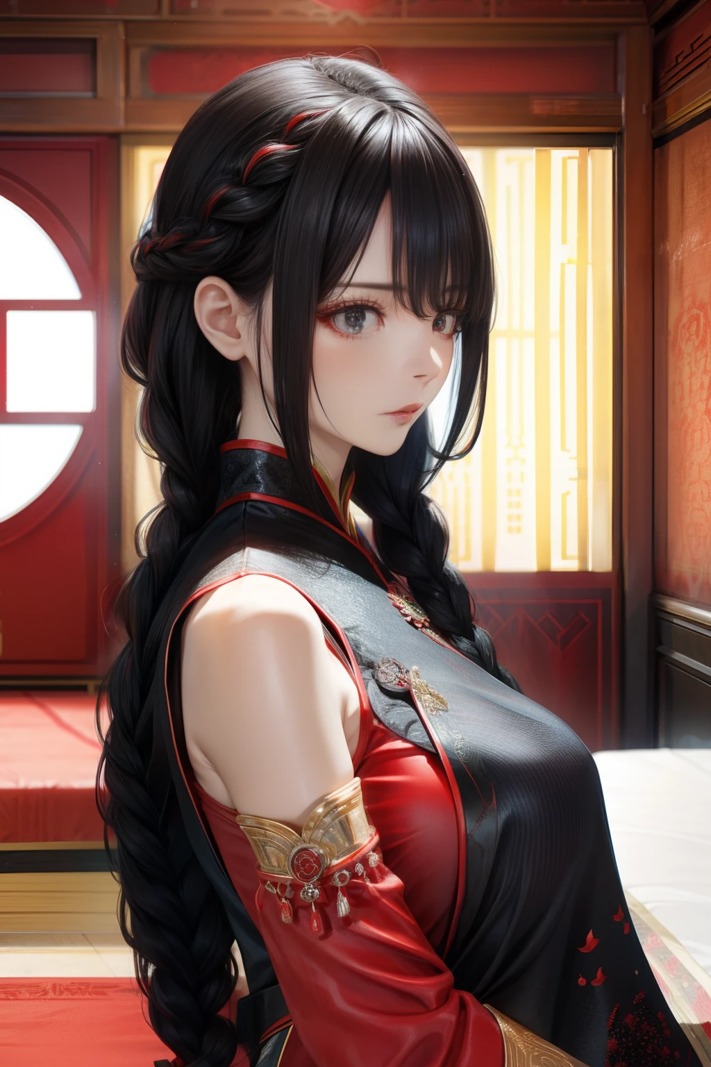 Cold girl in red cheongsam,Black half-braid hair,Grim gaze,Royal Sister Fan,half-body photo,Look down at the lens from the side,Half of the hair is draped