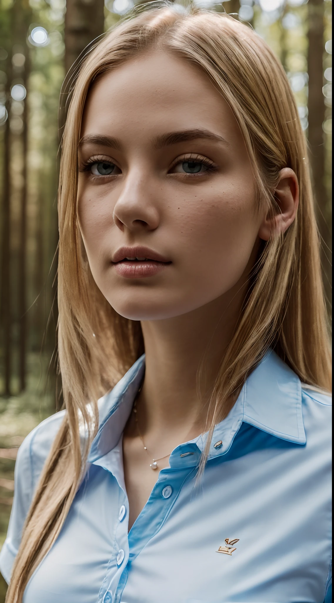 (8K UHD、RAW Photography、Photorealsitic:1.5、Digital SLR、Lifelike images)、(Portrait of seductive and beautiful 24 year old British woman、Long flowing blonde hair、Turn your captivating gaze to the camera、frontage、Enraptured look、Open your lips slightly)、(Crystal clear beautiful white skin、Very delicate skin、Skin details)、(Y-shirt with light blue collar)、(Photo above the chest、close up of face)、(beautiful blue sky、a river、great outdoors、Forest in the rear)