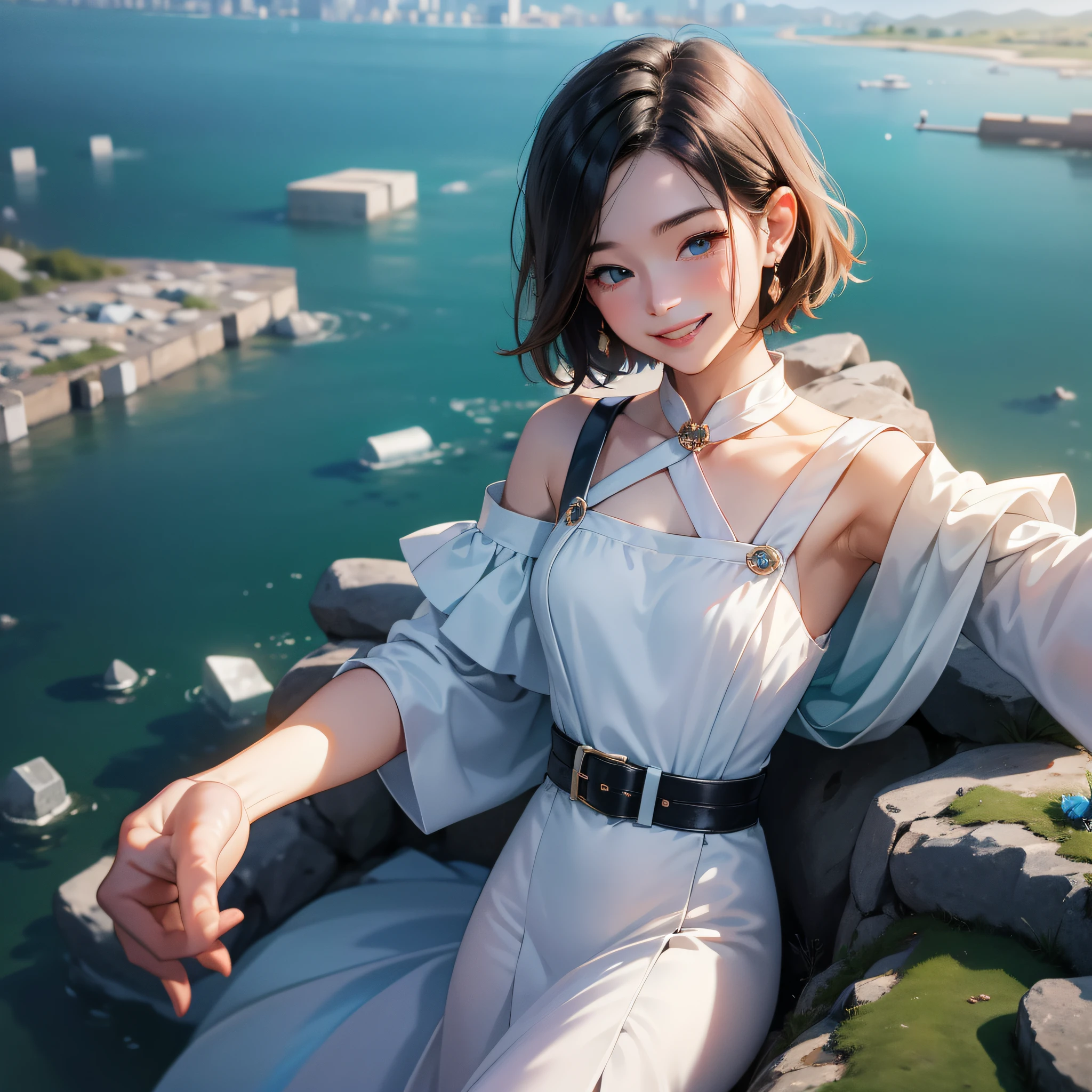 （in 8K、top-quality、​masterpiece:1.2)、1人の女性、(Smiling smile:1.1)、beautidful eyes、Valley、The upper part of the body、shorth hair、Like a boy 、Quirk hair、short-cut、Blue View、