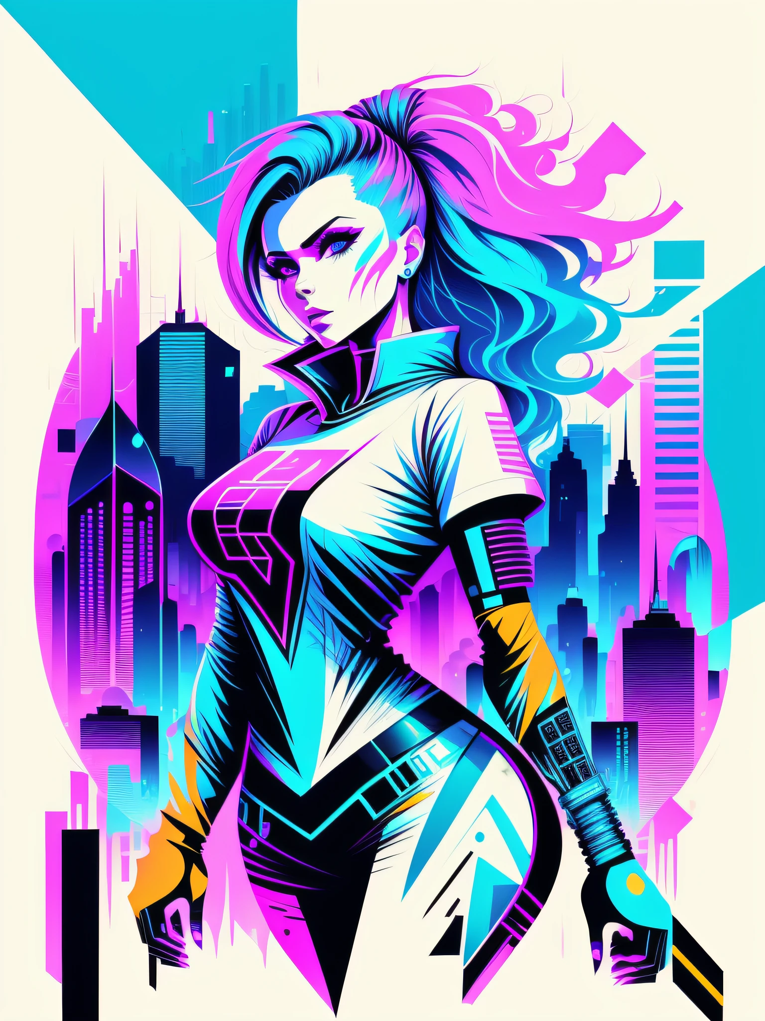 Ready to print t-shirt art vector colorful graffiti illustration of a futuristic woman, futuristic cyberpunk city background, realistic picture style, image on white background, centered