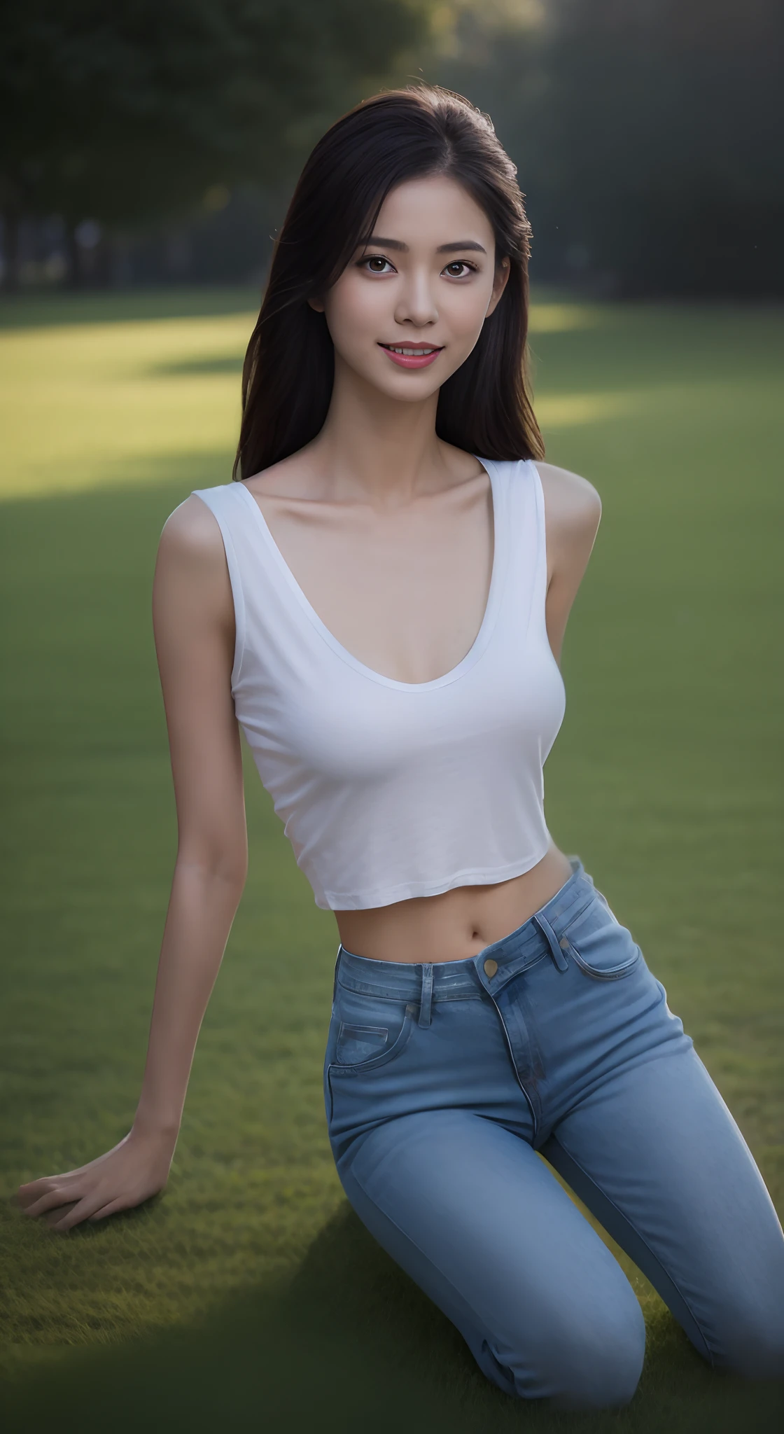 (rain, grassy fields: 1.3), 1 beautiful woman taking pictures on the grass，RAW photos，tmasterpiece，（highdetailskin：1.2），8k ultra high definition，digital SLR camera，gentlesoftlighting，high high quality，filmgrain，富士XT3，20 years old Asian woman，Gray crop top and jeans，Detailed clothing details:1.5，perfect body figure，Perfect breasts and nipple bulge，The legs are straight and slender，（（Branded stylish shoes:0.6）），Super detailed facial details and skin，White face and whitening skin，二重まぶた，Super detailed eyes，A sweet smile，(Gloss on lips, eyeslashes, Glossy face, Best quality, Super high resolution, warm color，Wide lighting, naturalshadow), sat on the ground，The posture is diverse，Show off a sexy body， Full body shooting: 1.8