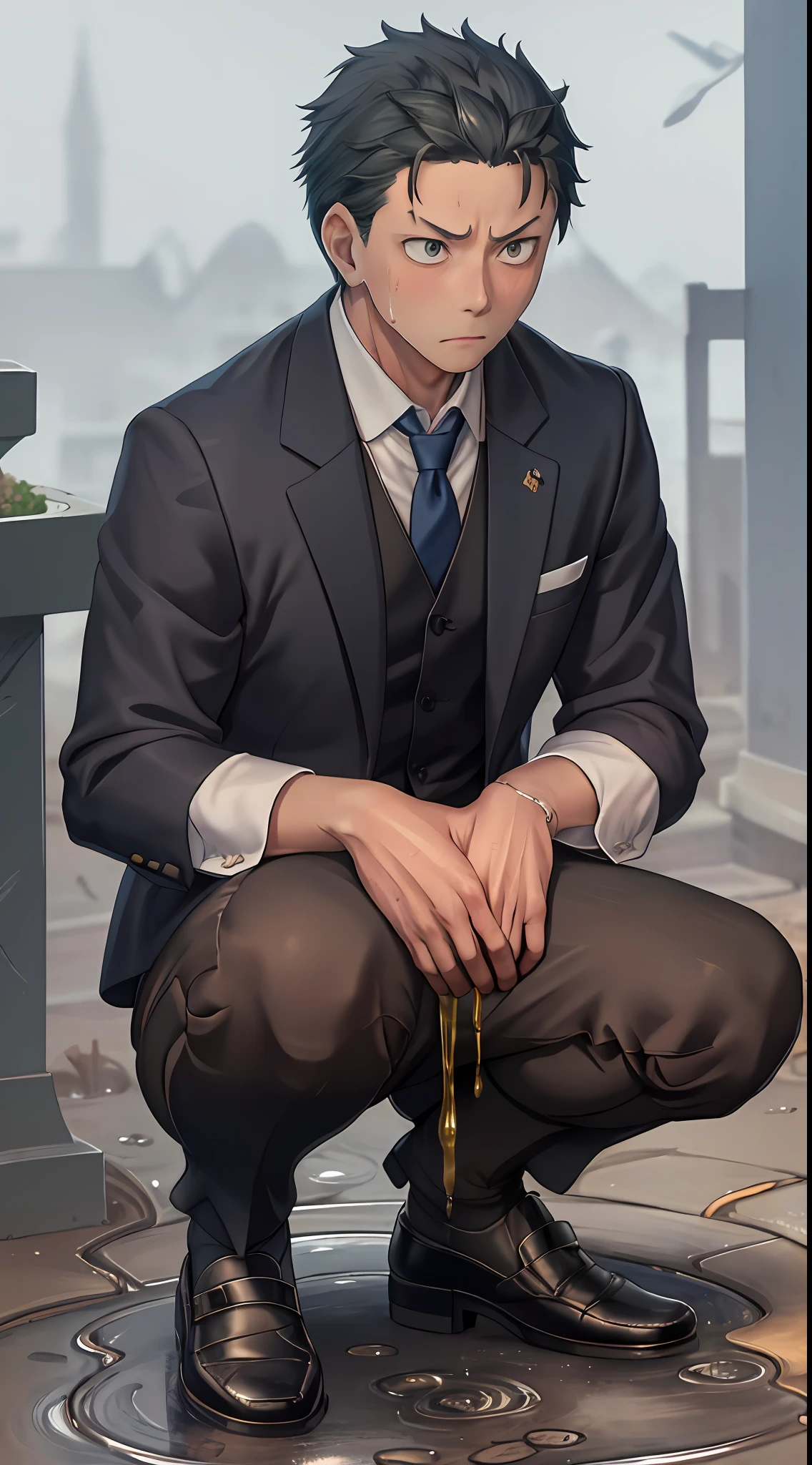 (1 Adult male),A high resolution, Sharp focus, Pixiv masterpiece, ((Complicated details)), highly detailed, natsuki_subaru,Multi-view upper body,Suit pants view, 1 man,is shy,Pee on the legs,pissing,Urine runs down the thighs,embarressed,exhilarated,is shocked,panicking,worry,A small puddle of their own urine forms around the feet,full bodyesbian,kneels on the ground,Very eager to pee,It's uncomfortable,Wet yourself,Urine discharge, Sweaty crotch,Drenched,rain,The shirt is soaked,(A gesture of pleading),blue color eyes(eyes glowing), Short yellow hair,white shirt,Wear a tie,Wear a belt,Black suit trousers,perspire,look from down