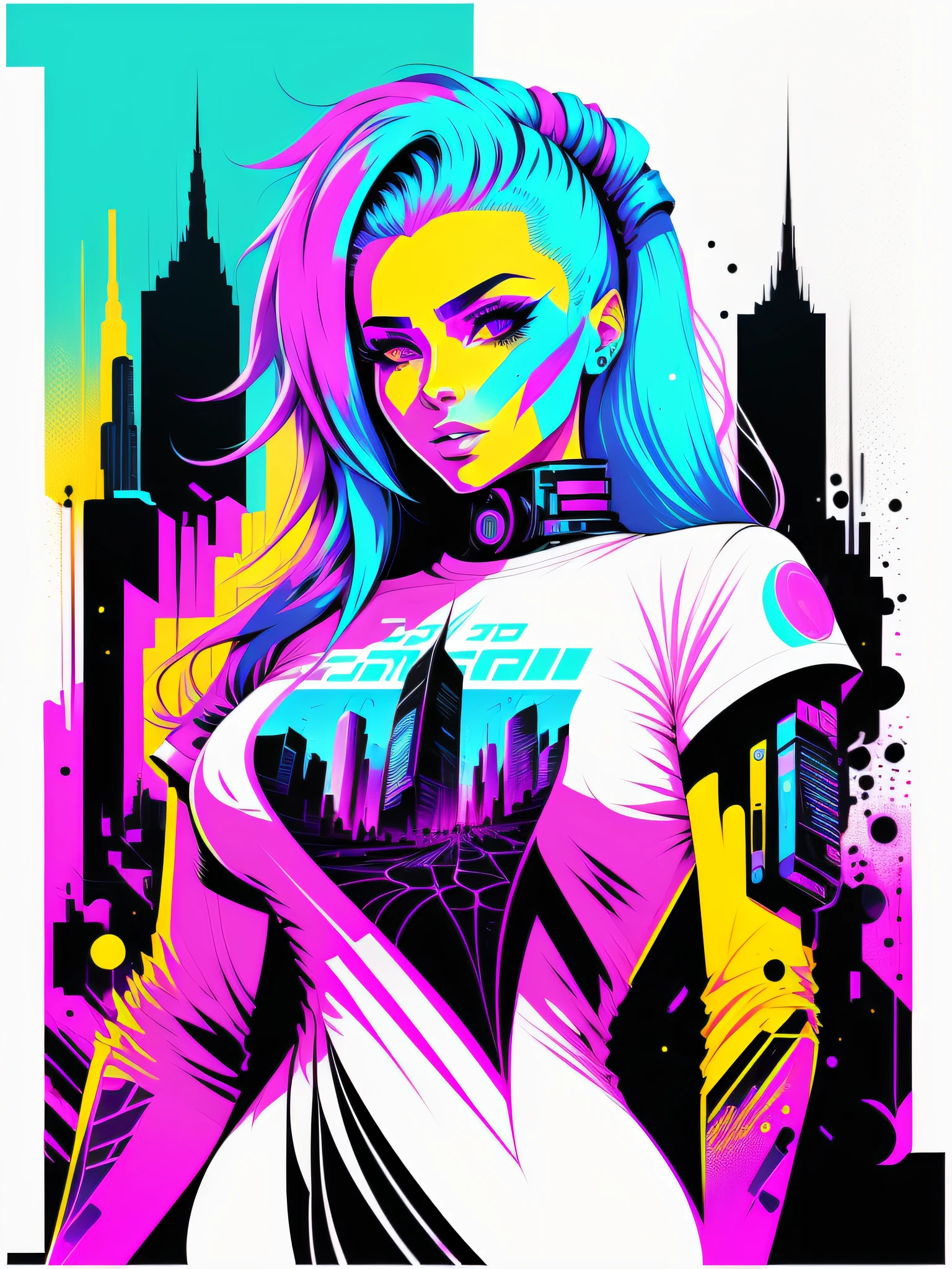Ready to print t-shirt art vector colorful graffiti illustration of a futuristic woman, futuristic cyberpunk city background, realistic picture style, image on white background, centered