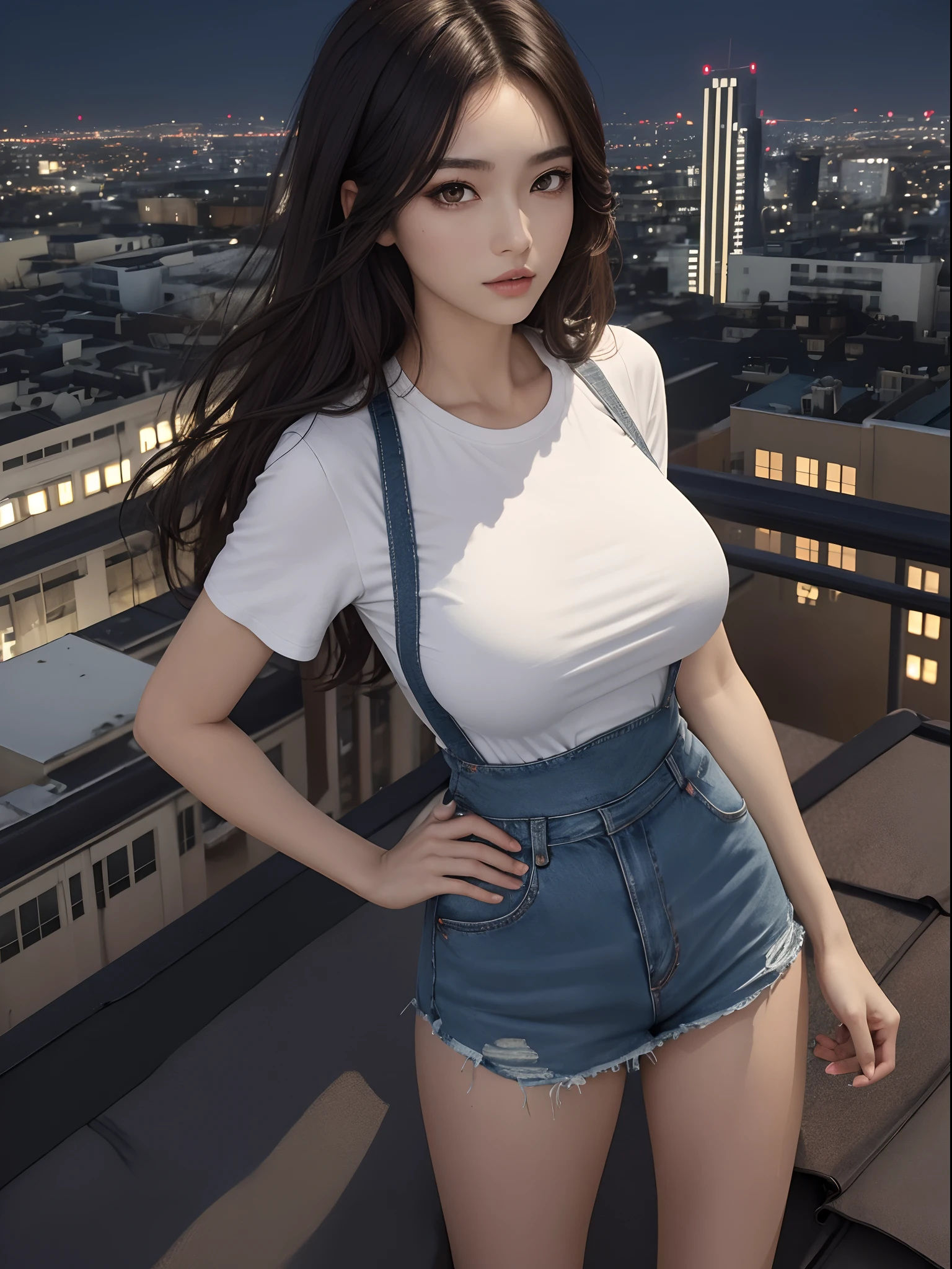 ((Midnight, Best quality, 8k, Masterpiece :1.3)), Whole body, Long legs, Sharp focus :1.2, A pretty woman with perfect figure :1.4, Slender abs :1.1, ((Dark brown hair, Big breasts :1.2)), (White tight tshirt, Jean bib, Standing:1.2), ((Night city view, Rooftop:1.3)), Highly detailed face and skin texture, Detailed eyes, Double eyelid