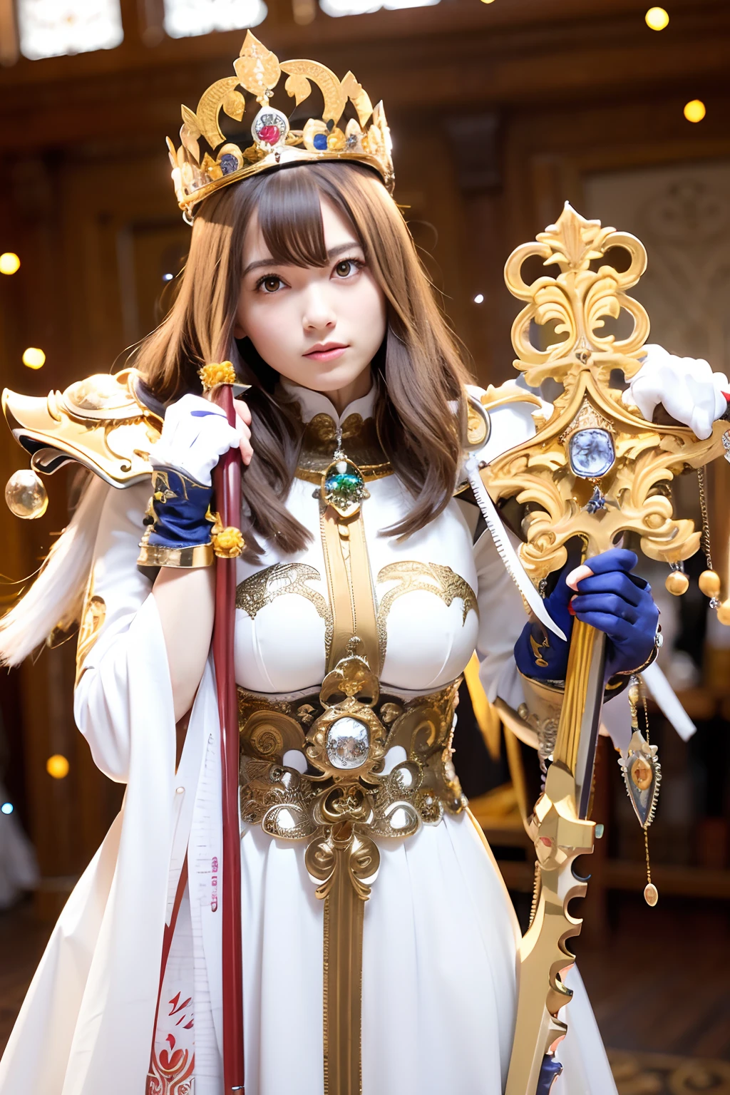 (masutepiece), Professional , masterpiece、top-quality、photos realistic , depth of fields (Gemstone Silver Metal Body:1.9),(Matte White、 Gold Weapon_(Metal:1.4),Gorgeous metal weapons , Detailed Sword of the Brave , Beautiful knife ,warhammer 40k , adepta sororitas,Detail and ornate jewel crown、Brown hair、Gangle's forest background、Beautiful Caucasian beauty、1a person、dynamic ungle,(((Detailed and ornate diamond crown)))、Particles of light、