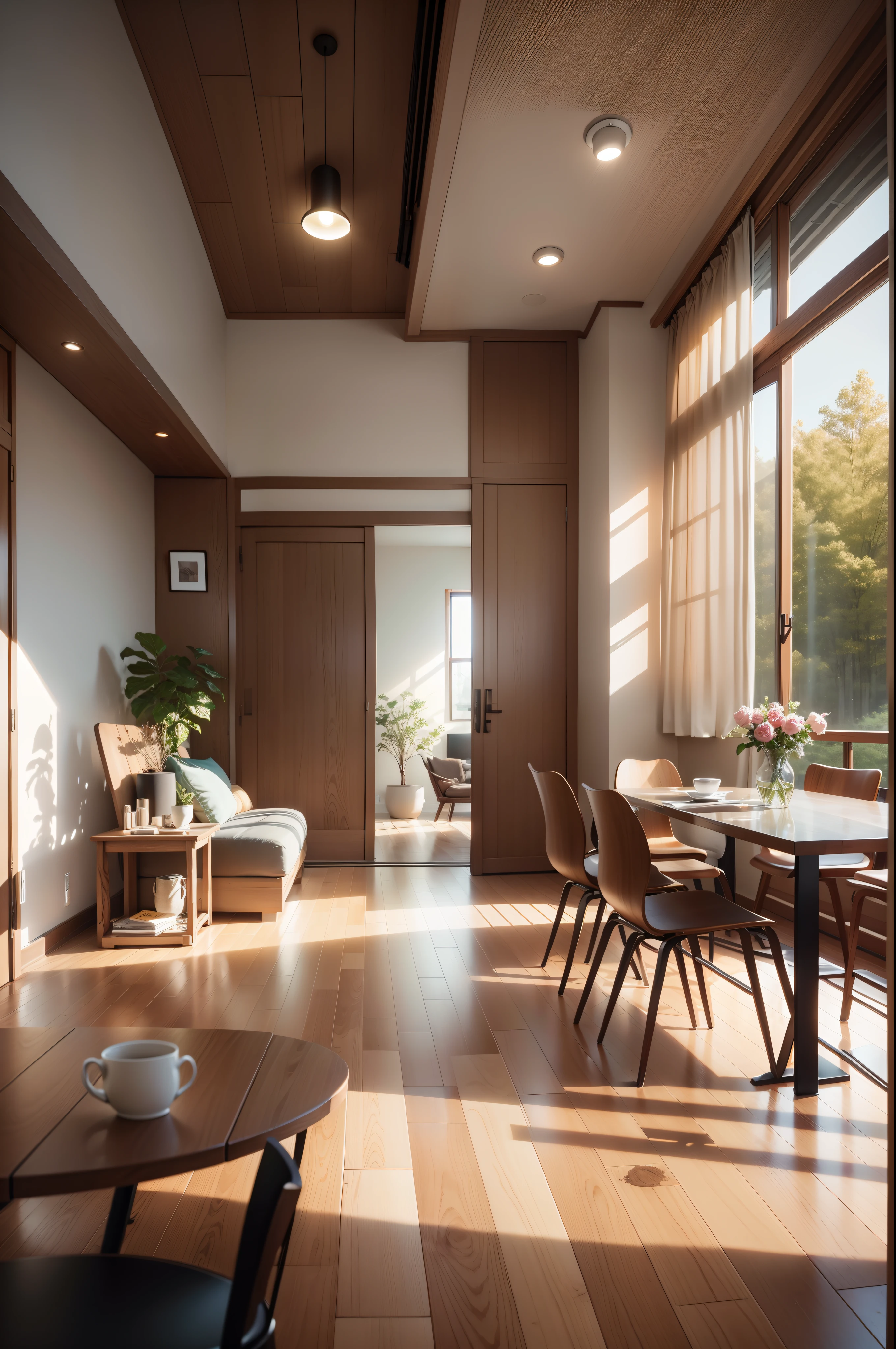 interior design、Insanely detailed wide-angle architectural photo、Cozy contemporary living room、(Bright and warm sunlight 1:0.1)、Award-winning contemporary interior design、landscapes、The table、a chair、in a house、Wooden flooring、window、resturant、east asian east asian architecture、sliding paper doors、abajour、architectural、the woods、naturey、cups、a plant、interior design、Insert lighting and shadows、depth of fields、low illuminance