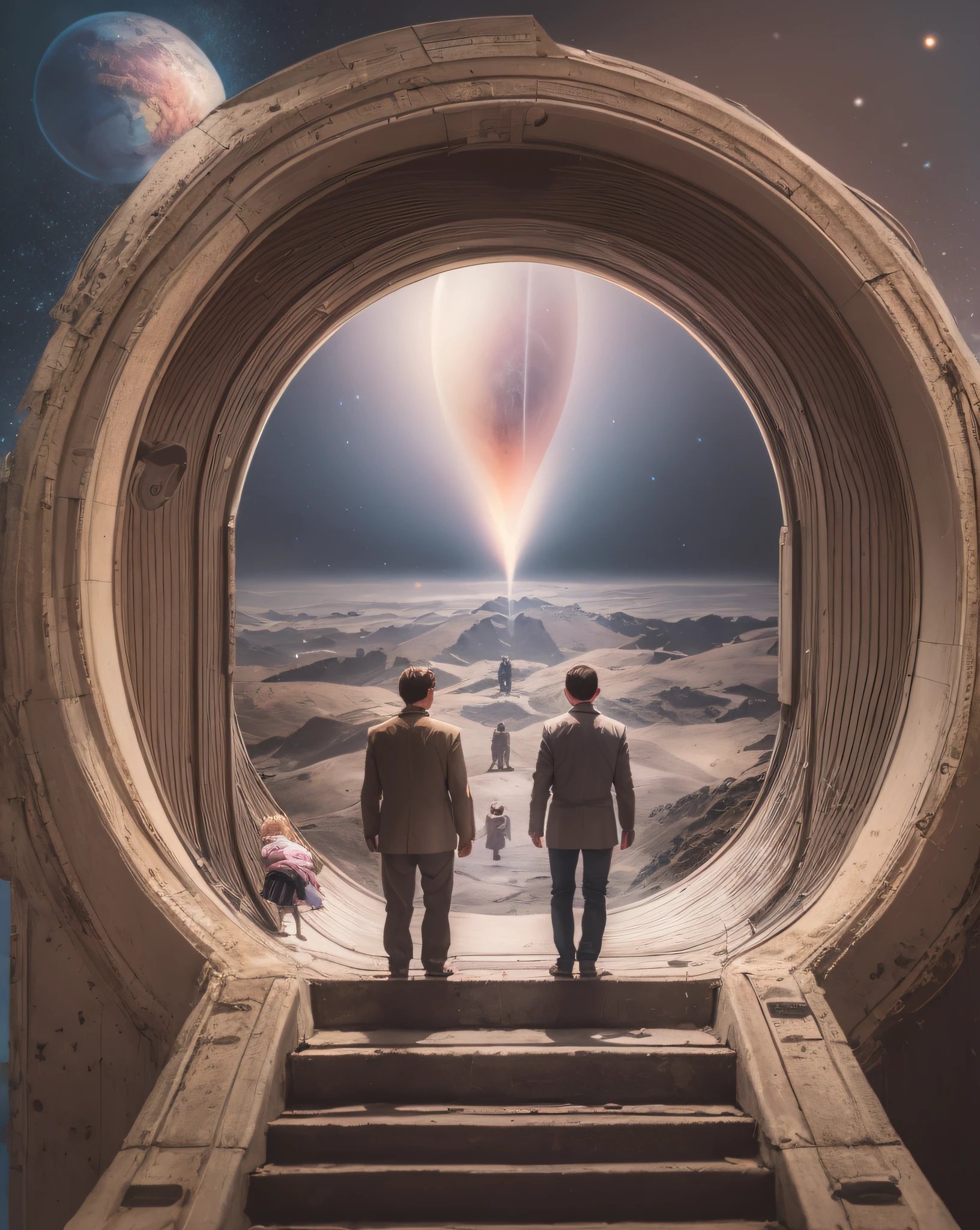 there are two people standing on a stairway with a door open, surreal collage, of a family leaving a spaceship, window into space behind them, portal to outer space, gateway to another universe, gateway to another dimension, collage style joseba elorza, bgill55_art, doors that are cosmic portals, portal to another universe, dark vintage sci fi, portal to another world