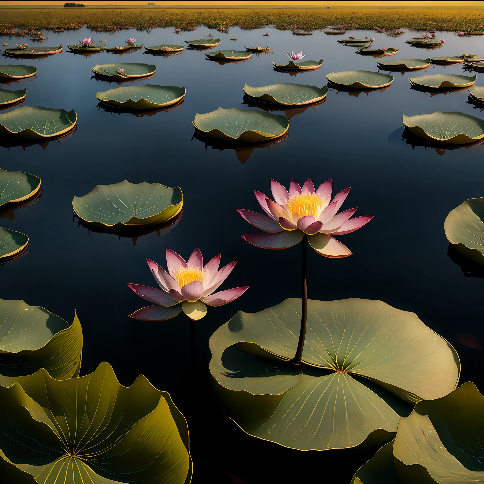 On the surface of the lake stands a lotus tree，depth of fields，plethora of colors，centered composition，Photography studio quality，4k画质，Ultra-detailed details